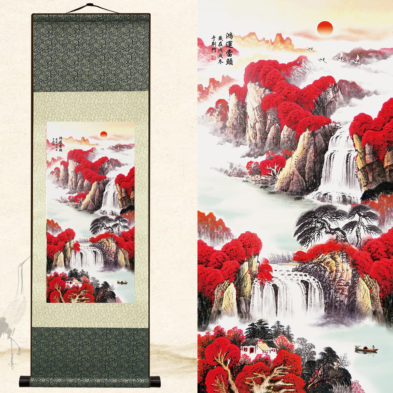Newscz Wall Art Pictures for Living Room Silk Scroll Landscape Paintings Art Prints Wall Decor Room Decor Aesthetic Bedroom Tapestries Wall Posters for Home Decor Kitchen Hallway Decor 36 by 12 in
