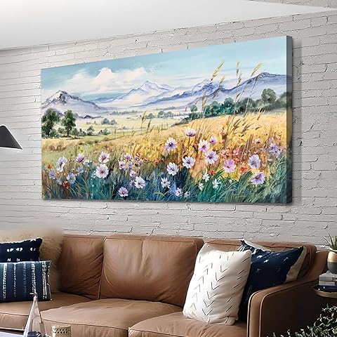 Anolyfi Rustic Farmhouse Canvas Wall Art Large Abstract Wildflower Landscape Painting Florals Mountain Picture, Textured Artwork Framed for Living Room Bedroom Bathroom Office Home Decor 40