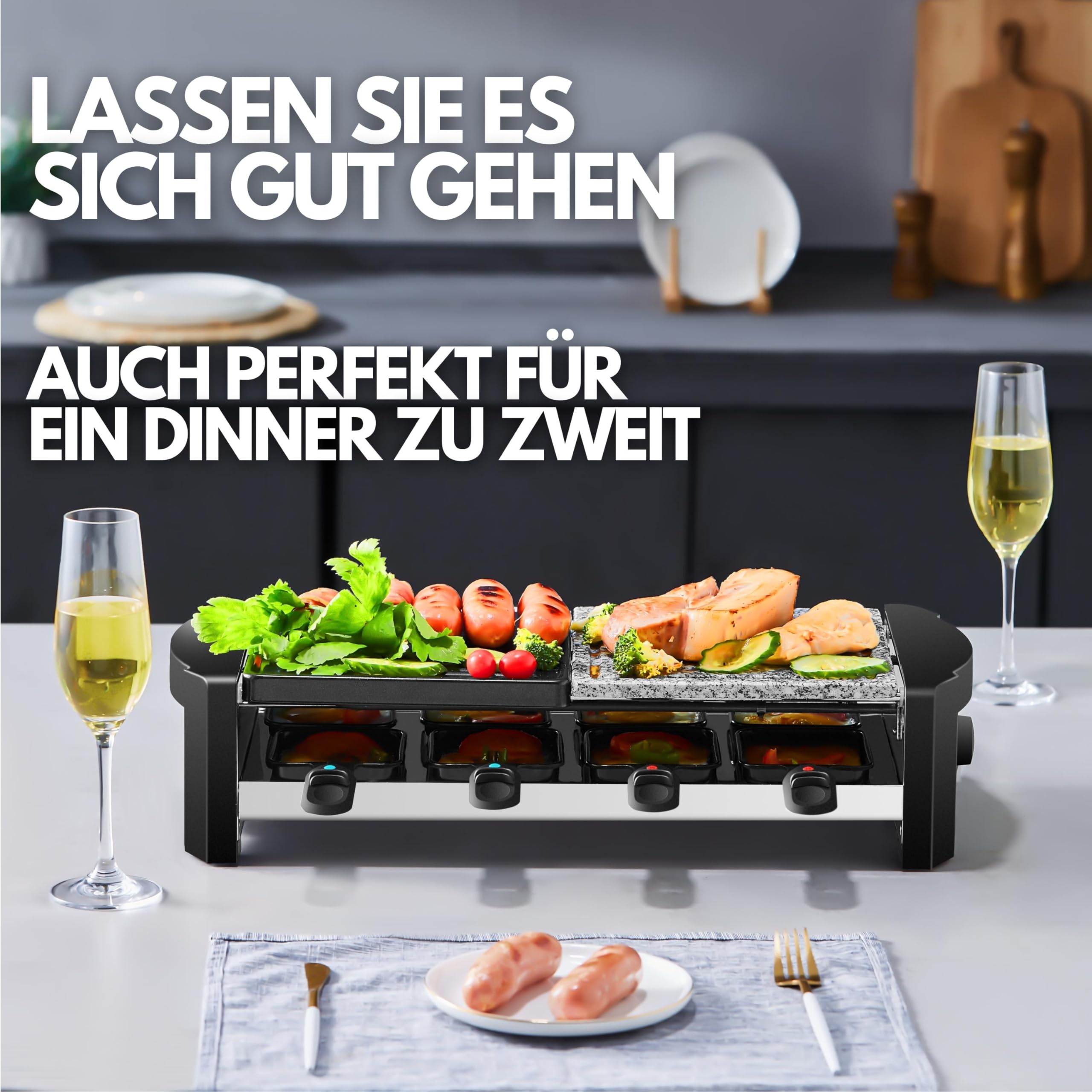 Raclette Gerät für 8 Personen | Party Grill mit Massiver Naturstein- und Beschichteter Grillplatte | Elektro Tischgrill | 1300 Watt | Heizelement aus Edelstahl