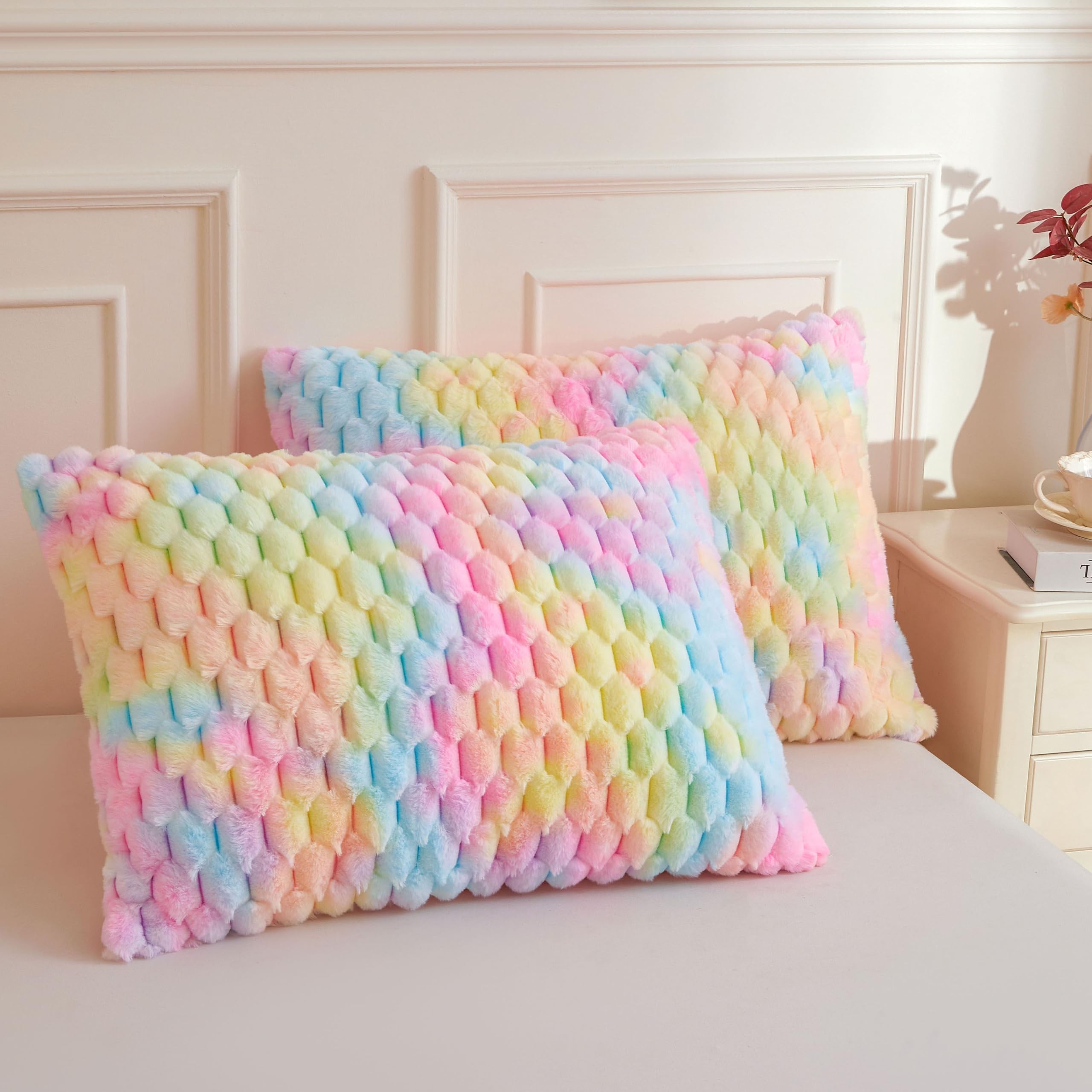XeGe 3D Bubble Fluffy Faux Rabbit Fur Pillowcases Standard, Rainbow, 2 Pack
