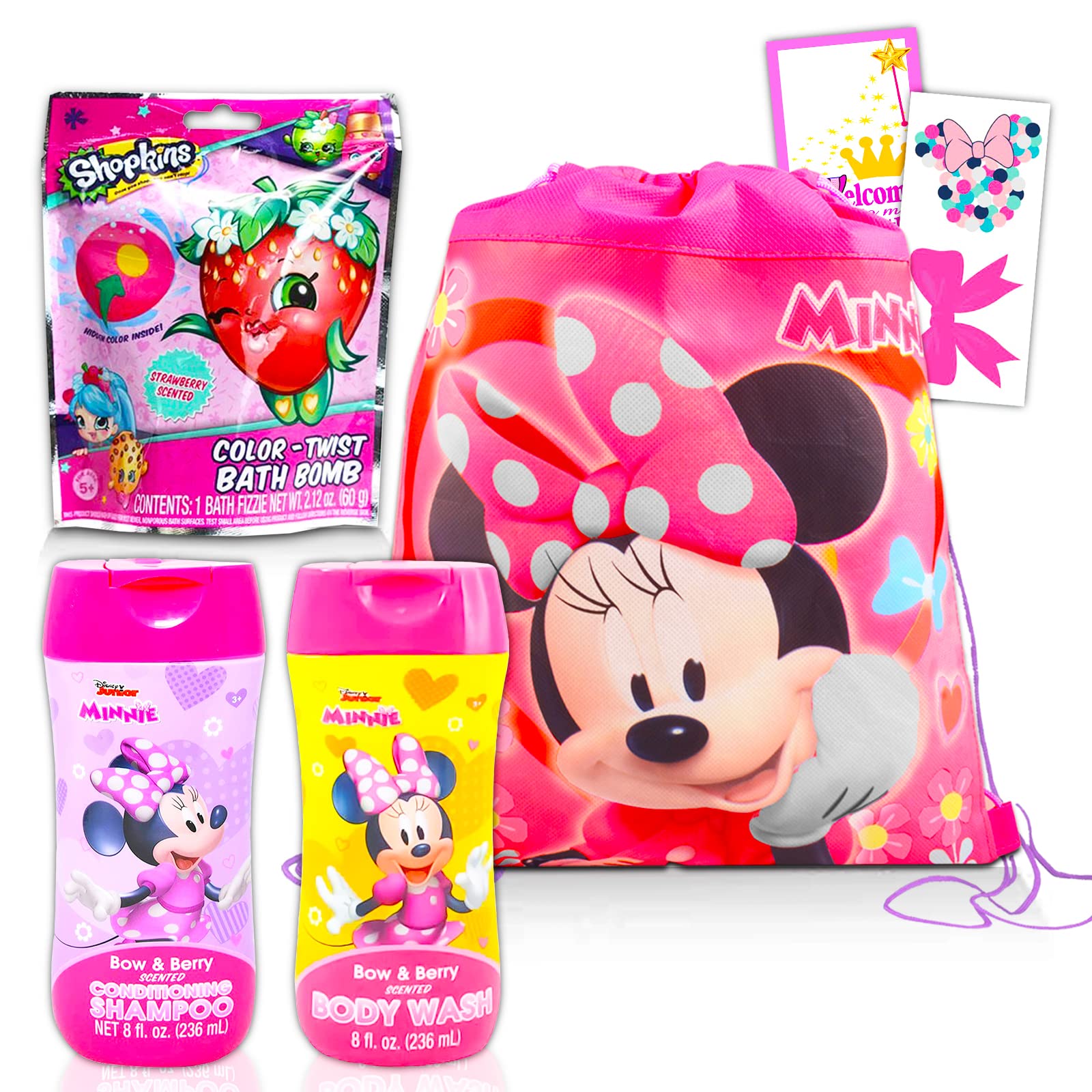 Disney Bundle Minnie Mouse Bathroom Set for Kids, Toddlers ~ 5 Pc Bundle with Drawstring Bag, Body Wash, Shampoo, Stickers, and More (Minnie Bath Toys ...