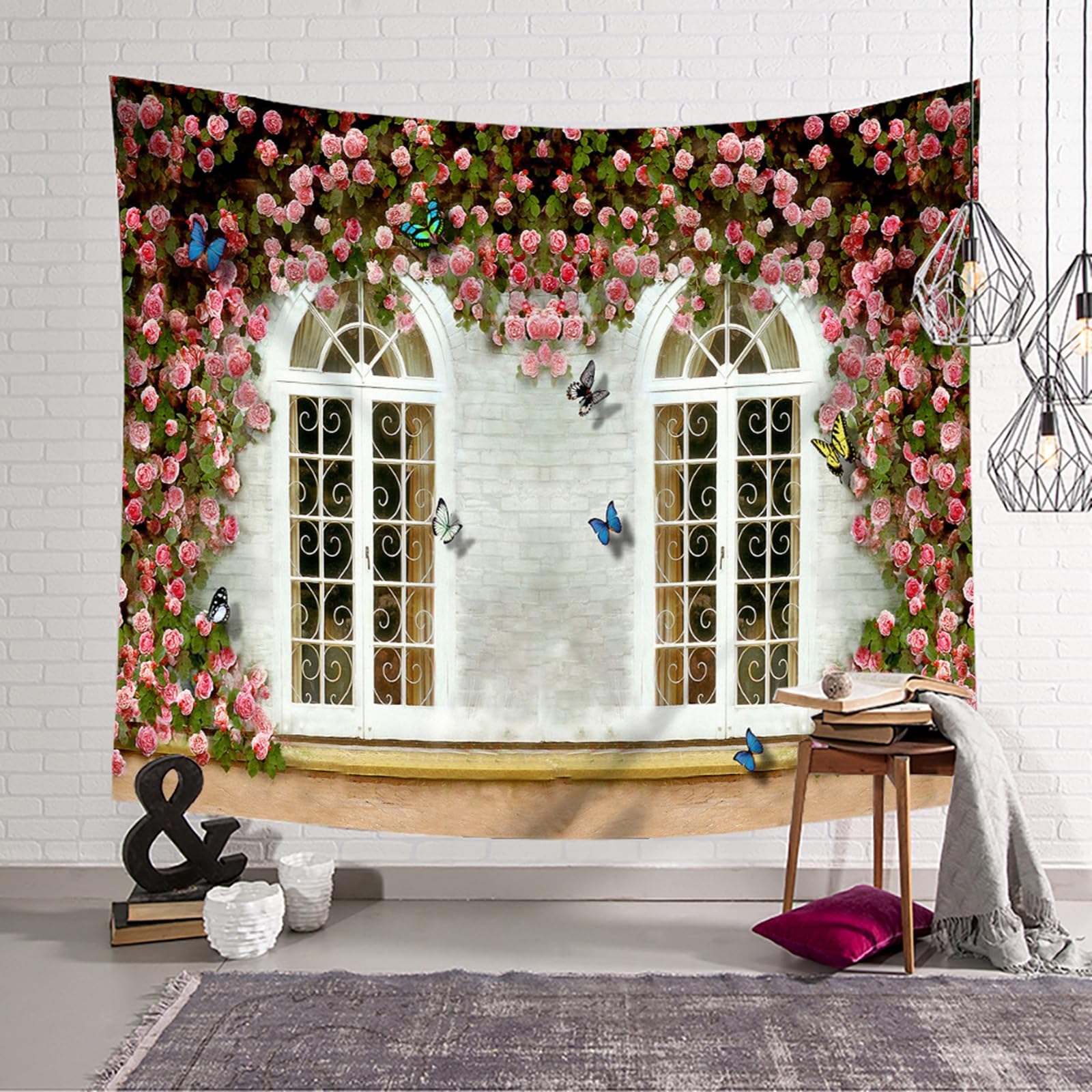 RDSGYZ Dywan ścienny do salonu, duży, 300 x 256 cm, zasłona ścienna do użytku na zewnątrz z motywem Aesthetic 3D, kwiaty i motyle, dekoracja ścienna, do pokoju dziecięcego, sypialni