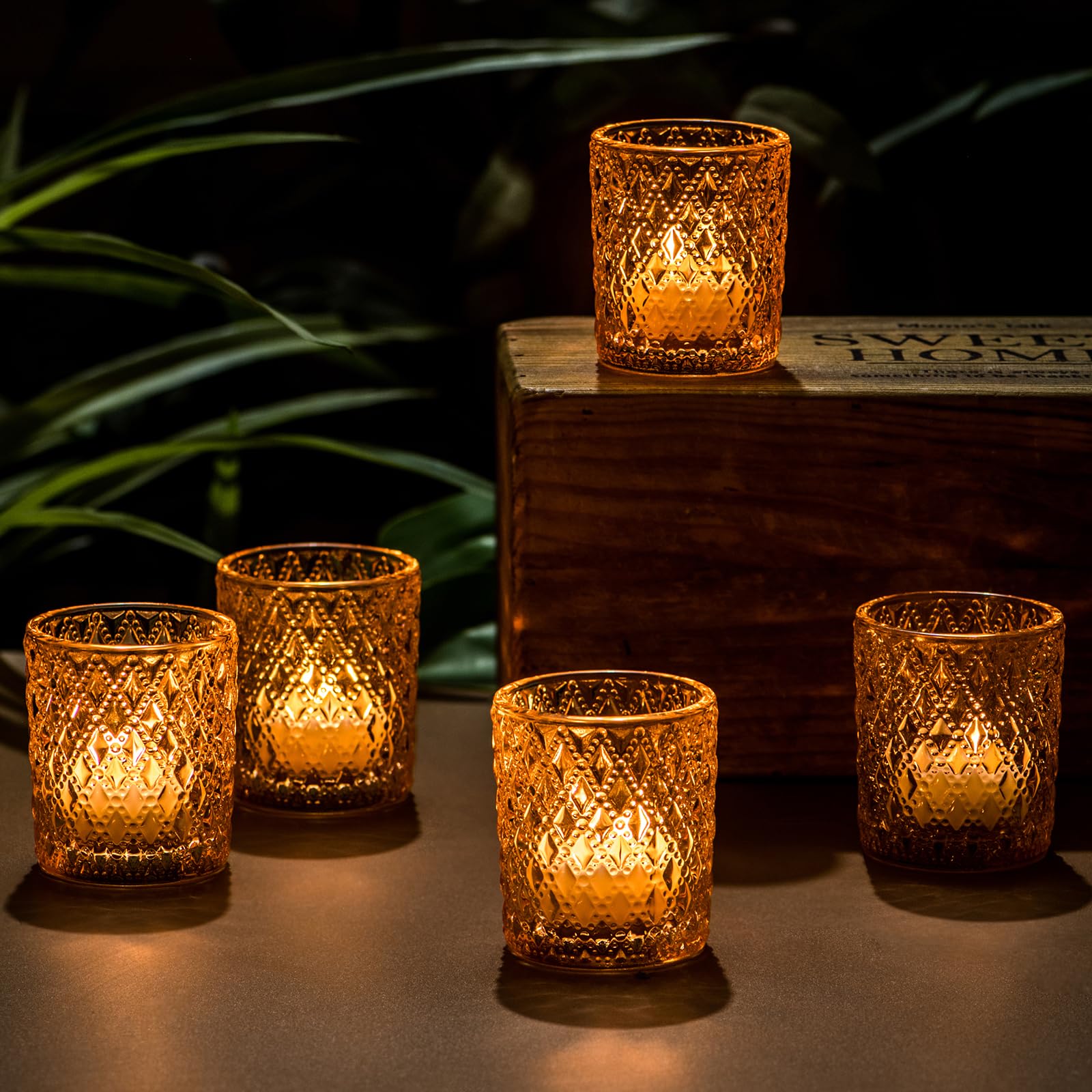 Megarte Candle Votive Glass Holders - 12 Pcs Bulk Wedding Tea Light Votives Tealight - Fall Vintage Small Table Centerpieces for Christmas Home Party Thanksgiving Valentines Day - Amber