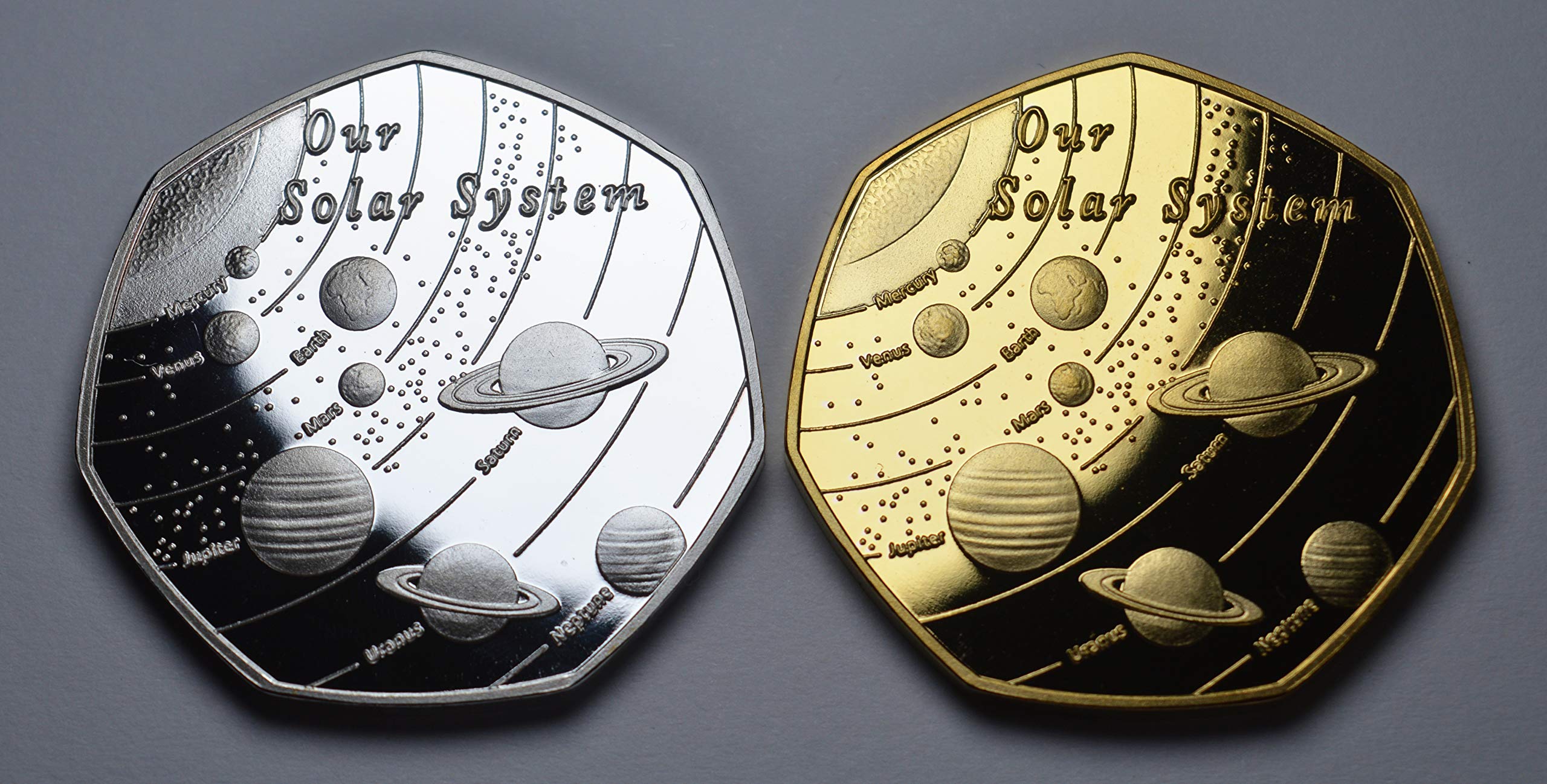 The Commemorative Coin Company Silver/Gold Pair Of Our Solar System .999 & 24Ct Commemoratives. Planets/Stars/Sun/Moon Space/Universe Earth/Venus/Mars