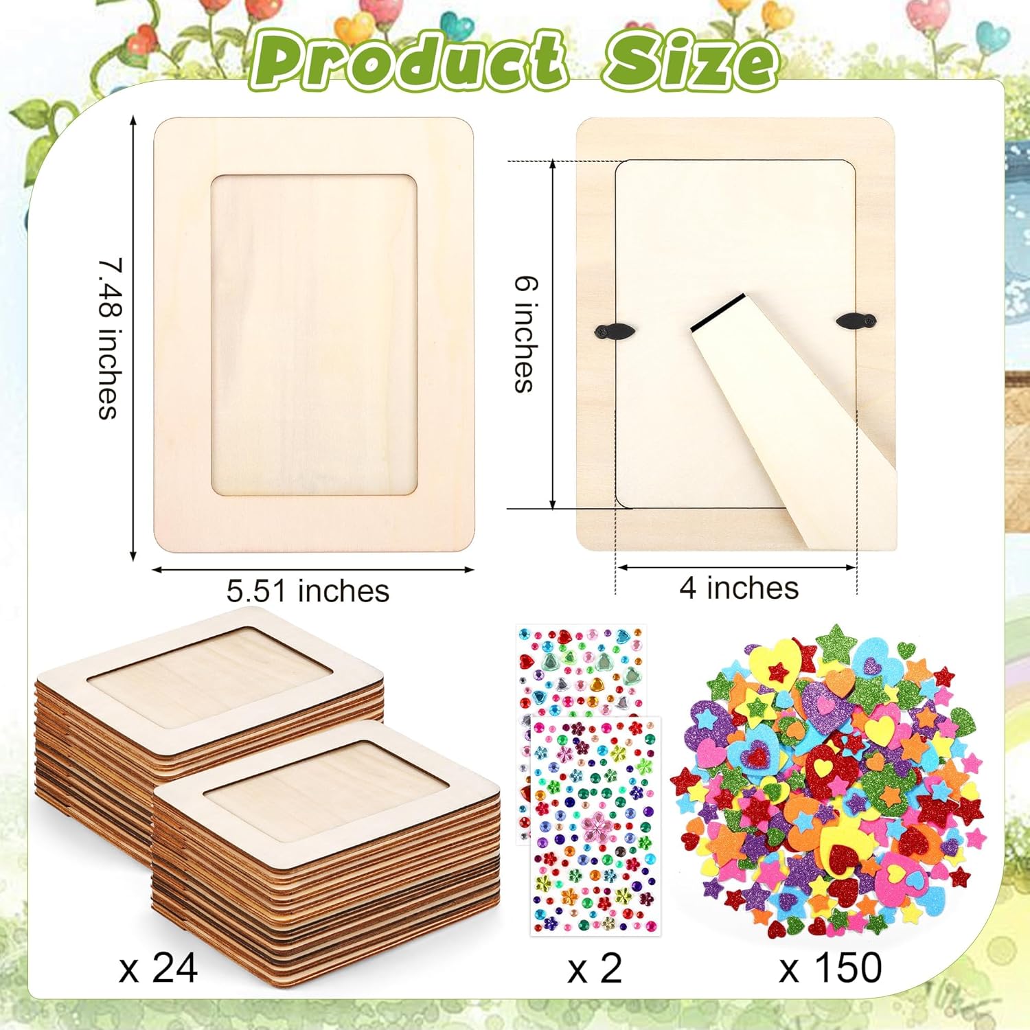 Aneco 24 Packs Picture Frame Painting Craft Kit for 4 x 6 Inch Photo DIY Unfinished Wooden Photo Frames with Diamond and Foam Stickers for DIY Crafts, Paint and Decorate