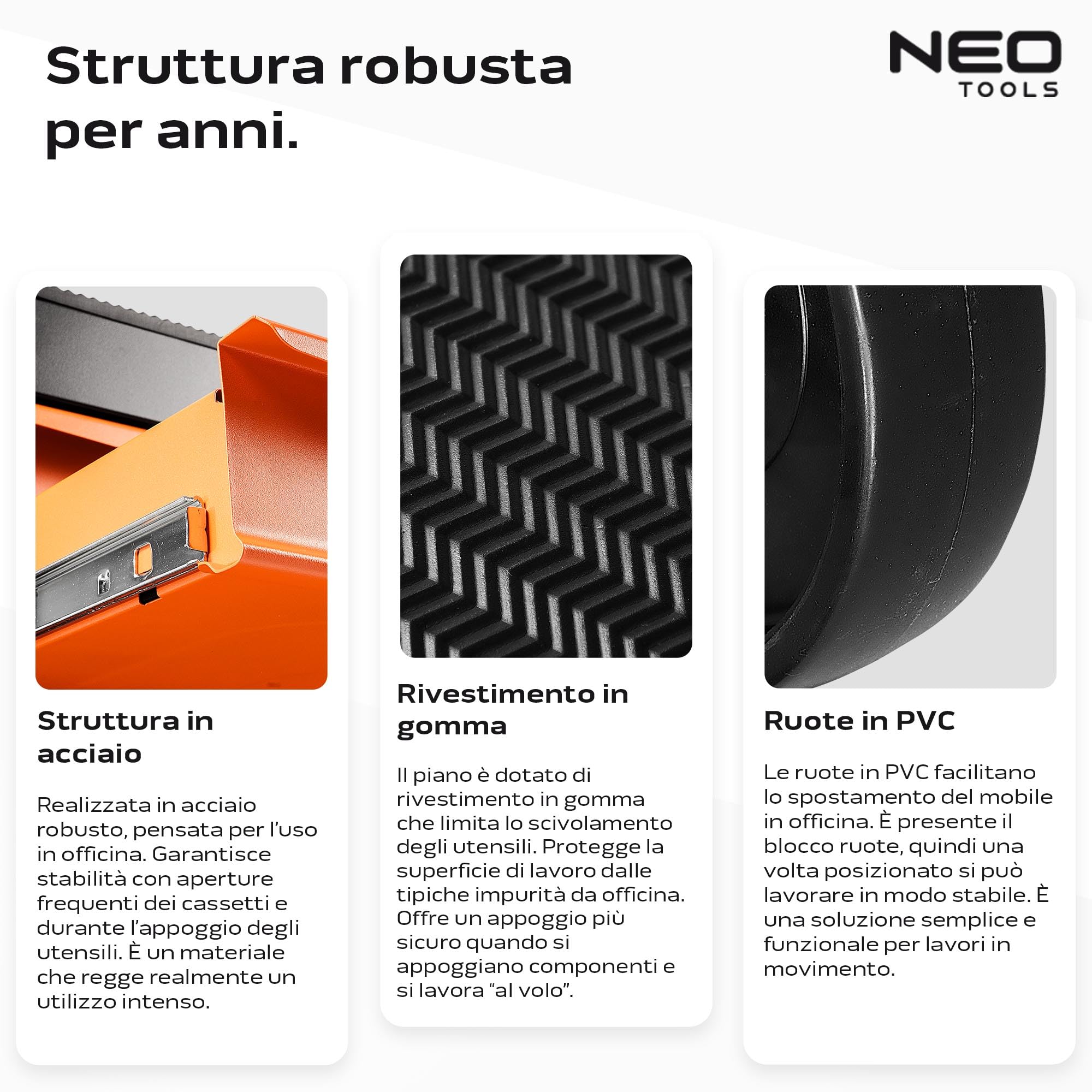 NEO TOOLS Carrello da officina con 5 scomparti – Cassetti con cuscinetti a sfera – Chiusura centralizzata – Tappetino antiscivolo – Ruote girevoli – con freno di stazionamento – Carrello portautensili