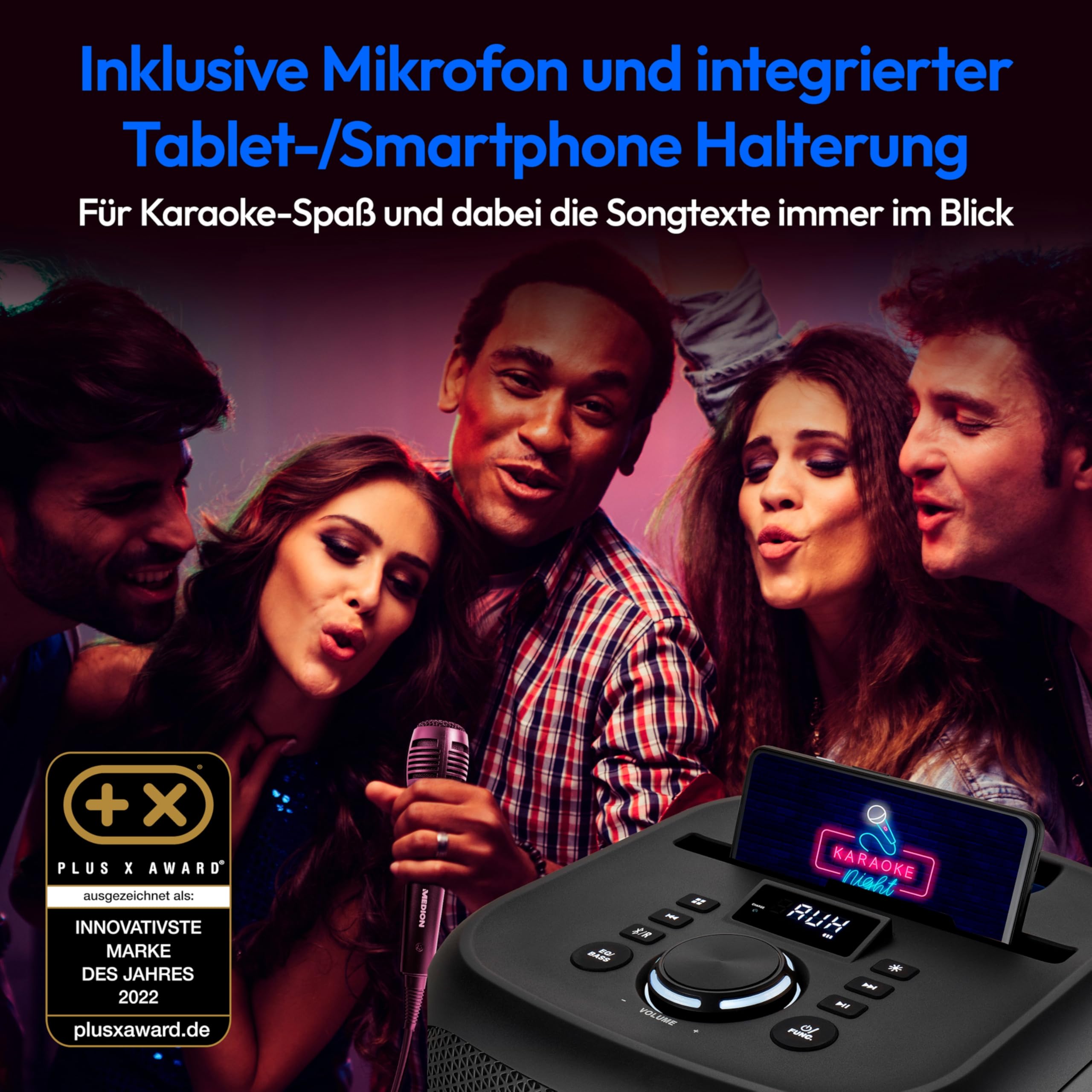 MEDION S61991 Partylautsprecher mit Bluetooth (Partysoundsystem inklusive Mikrofon, Party Box, tragbares Soundsystem, integrierter Akku, für drinnen und draußen, Lichteffekte, TWS)