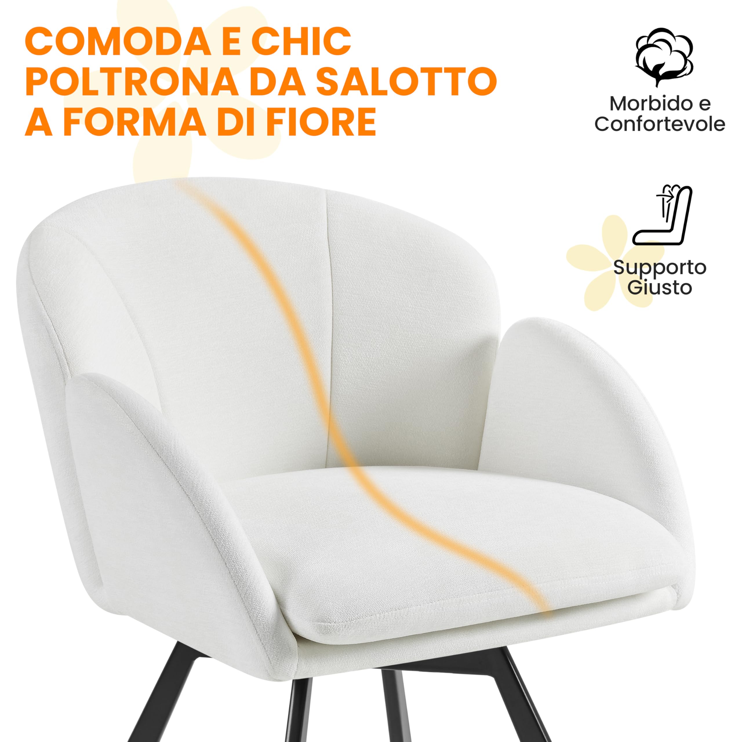 Yaheetech Sedia Imbottita da Pranzo in Velluto Poltrona da Salotto a Forma di Fiore a Girevole a 360° Poltrocina con Cuscino Rimovibile per Cucina Sala Camera da Letto 57 × 61 × 75 cm Bianco