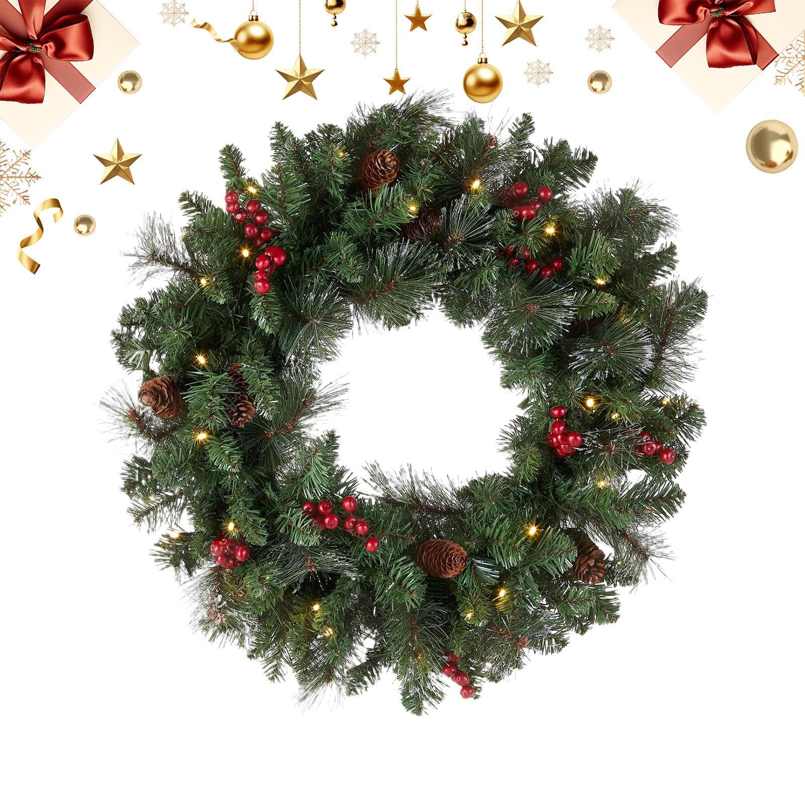 Couronne de Noël lumineuse haut de gamme aux détails de pommes de pin réalistes