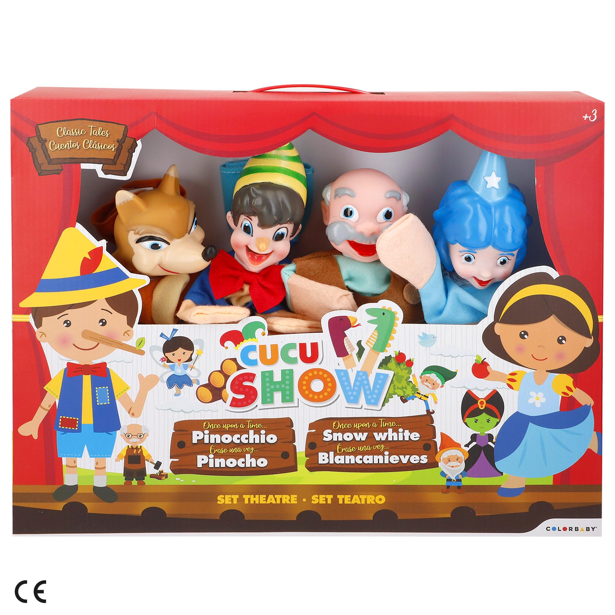 ColorBaby Cucu Show Set Teatro Marionetas Pinocho, 4 títeres 25 cm, Materiales Suaves y Seguros, Juguetes Infantil, para Jugar en Grupo o Pasar Tiempo en Familia (39172)