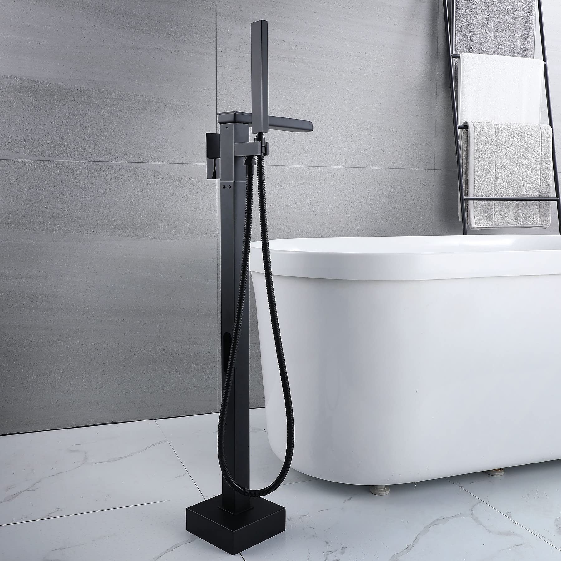 Rubinetto Per Vasca Pavimento In Piedi Da Bagno Con Beccuccio A Cascata E Spruzzatore A Mano,Freestanding Rubinetti Per Vasca, Nero（collegamento interno）