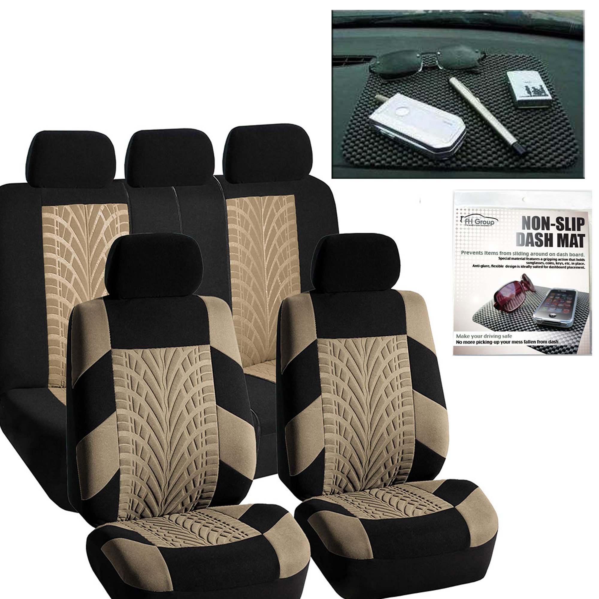 FH GroupCar Seat Covers Travel Master Full Set Beige Black Automotive Seat Covers Combo Slip Dash Grip Pad, Airbag and Split Rear Universal Fit Interior Accessories Cars Trucks SUV Car Accessories