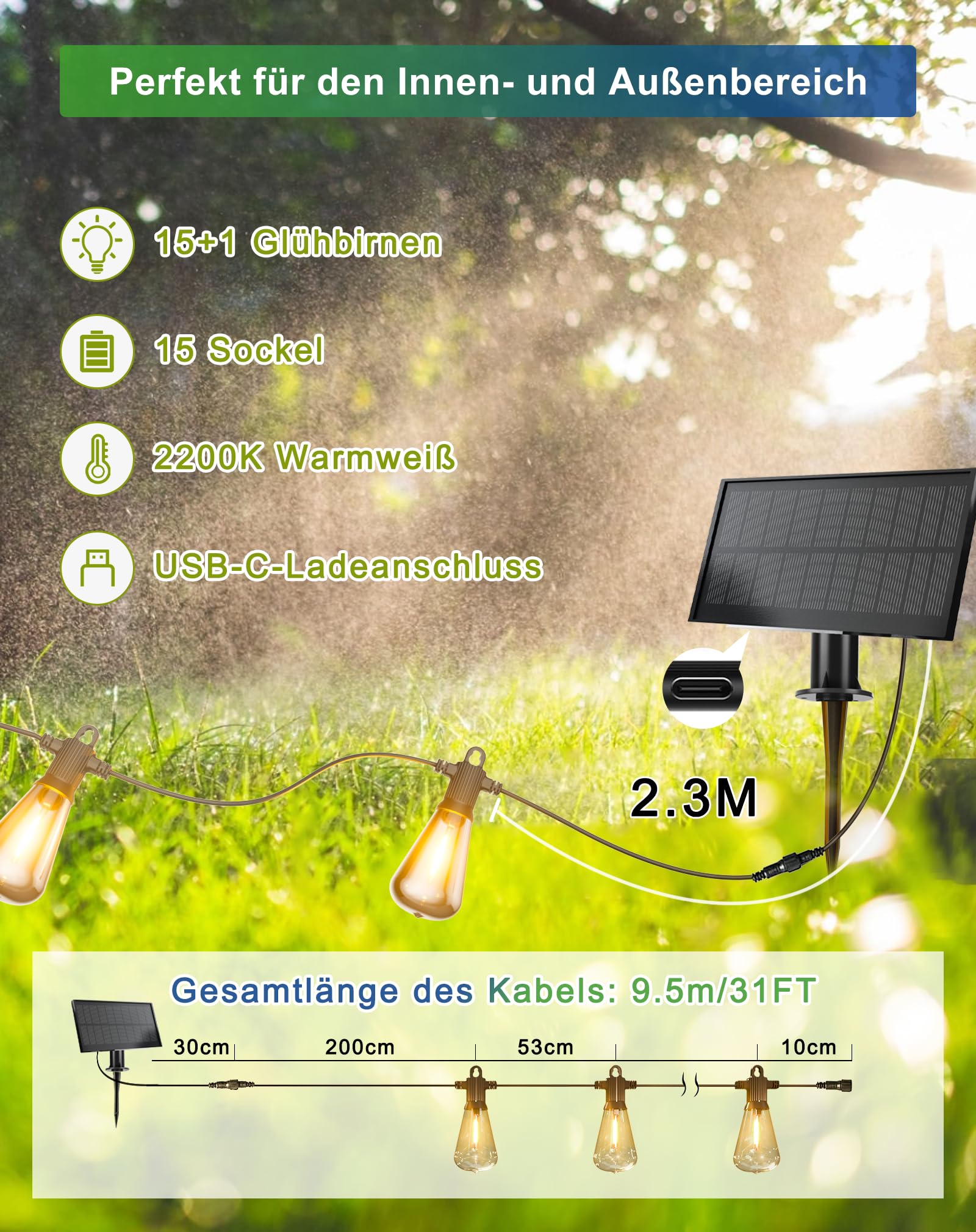 Zuske Solarny łańcuch świetlny na zewnątrz, 9,5 m, solarny łańcuch świetlny z 15 + 1 żarówkami ST38 o ciepłej bieli, 5 trybów pracy, wodoszczelność IP65, solarny łańcuch świetlny do użytku na zewnątrz
