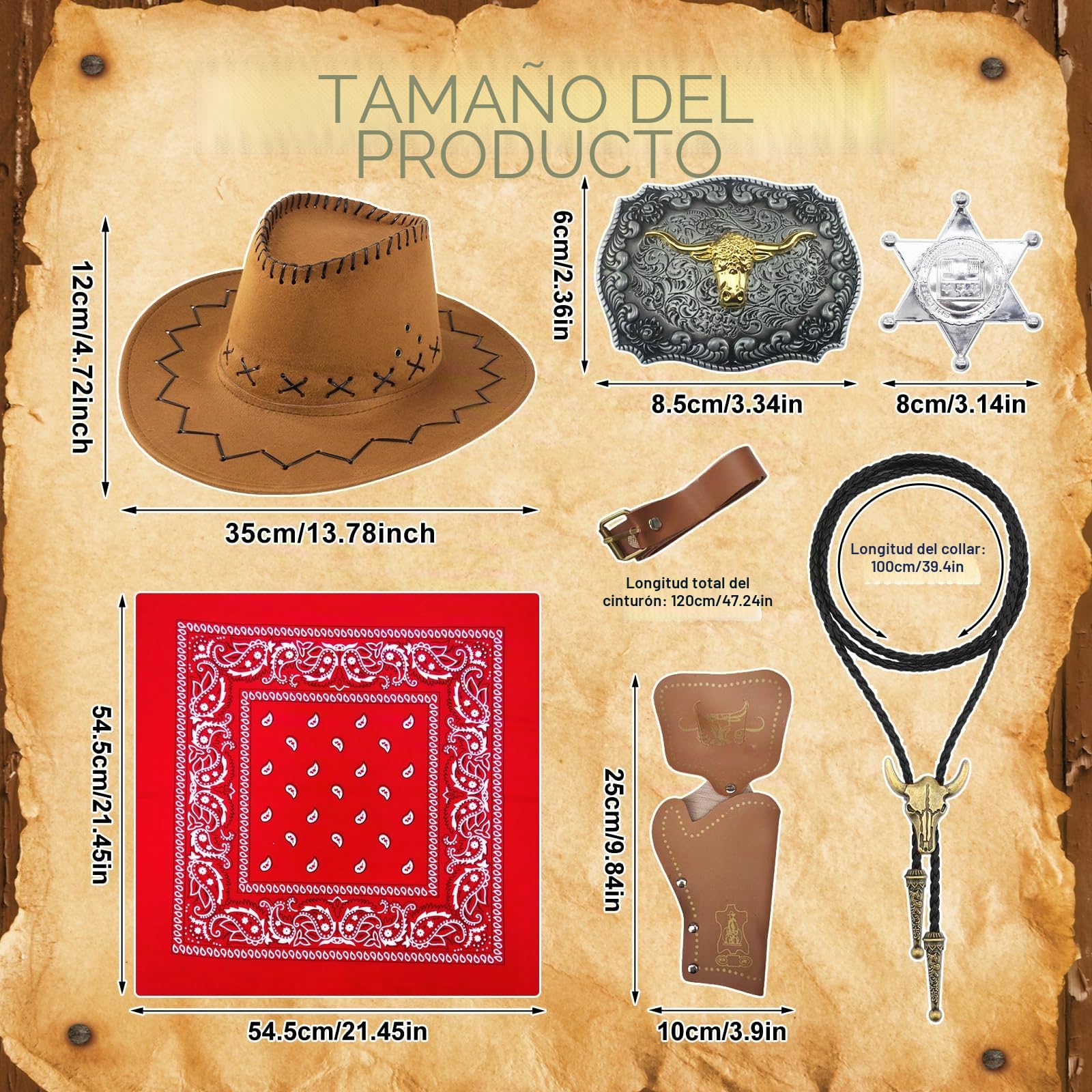 Juego de accesorios para disfraz de vaquero occidental, juego de ropa para cowboy occidental, kit de ropa con sombrero, chaleco de borlas, bandana, cinturón, hebilla de bolo, corbata, collar, insignia