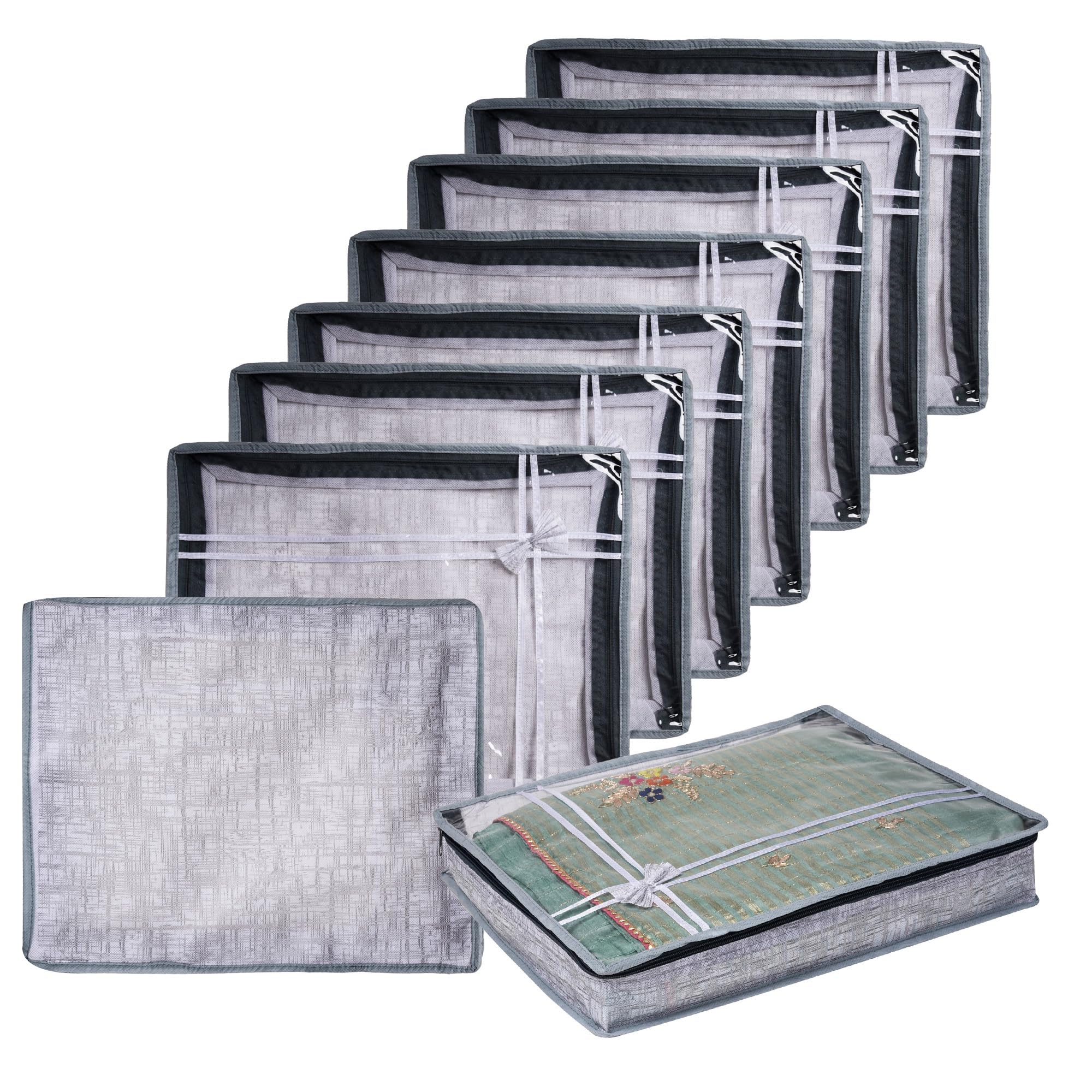 Kuber Industries Pack of 9 Saree Storage Bag | 3 Inch | Cloth Storage Organizer | Clothes Storage Bag | Wardrobe Storage Bag | Top Visible Window Saree Bag | Bow Jute-Printed | Gray