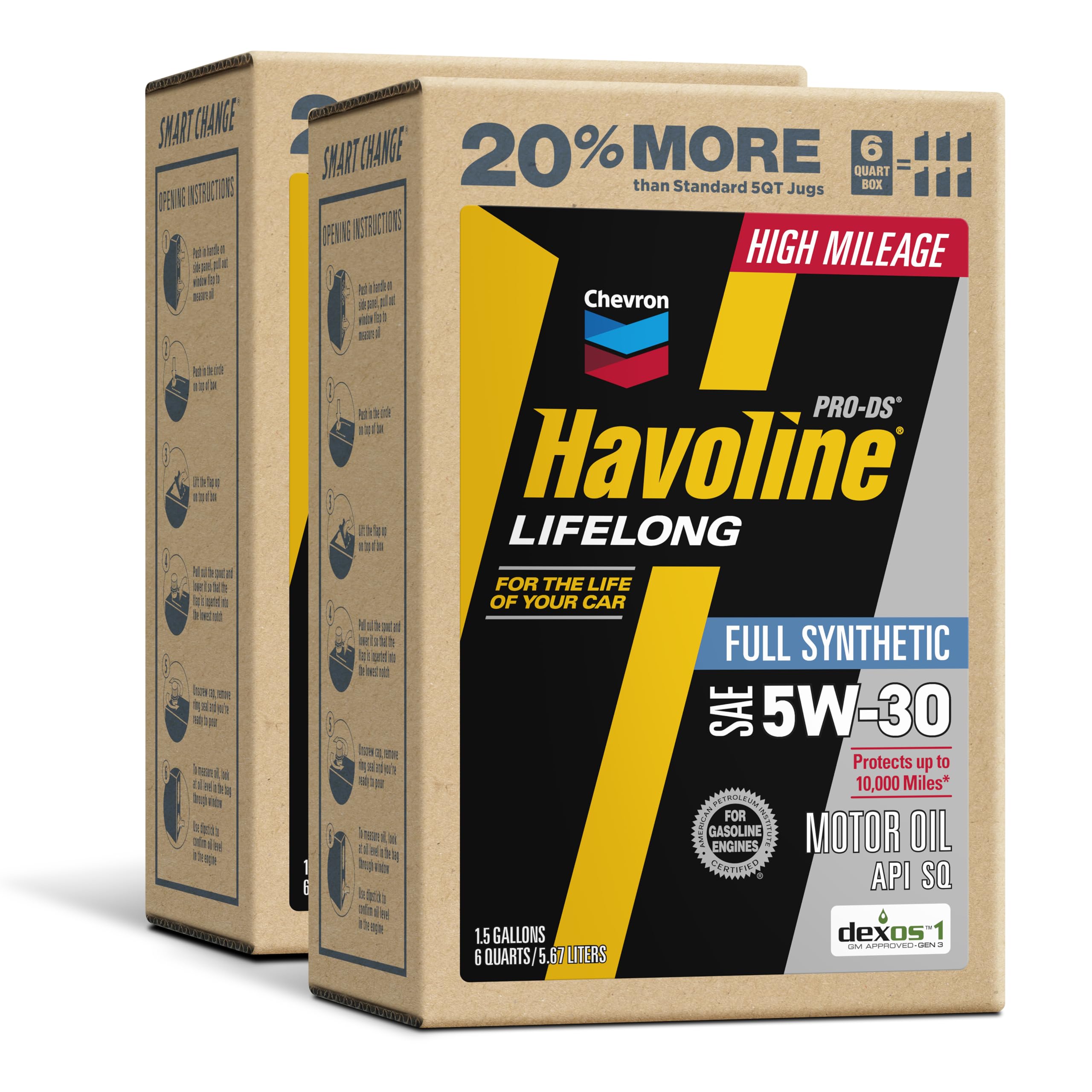 Havoline Motor Oil 5w30 PRO-DS Lifelong Full Synthetic Smart Change Engine Oil, 5W-30, 6 Quarts, Pack of 2
