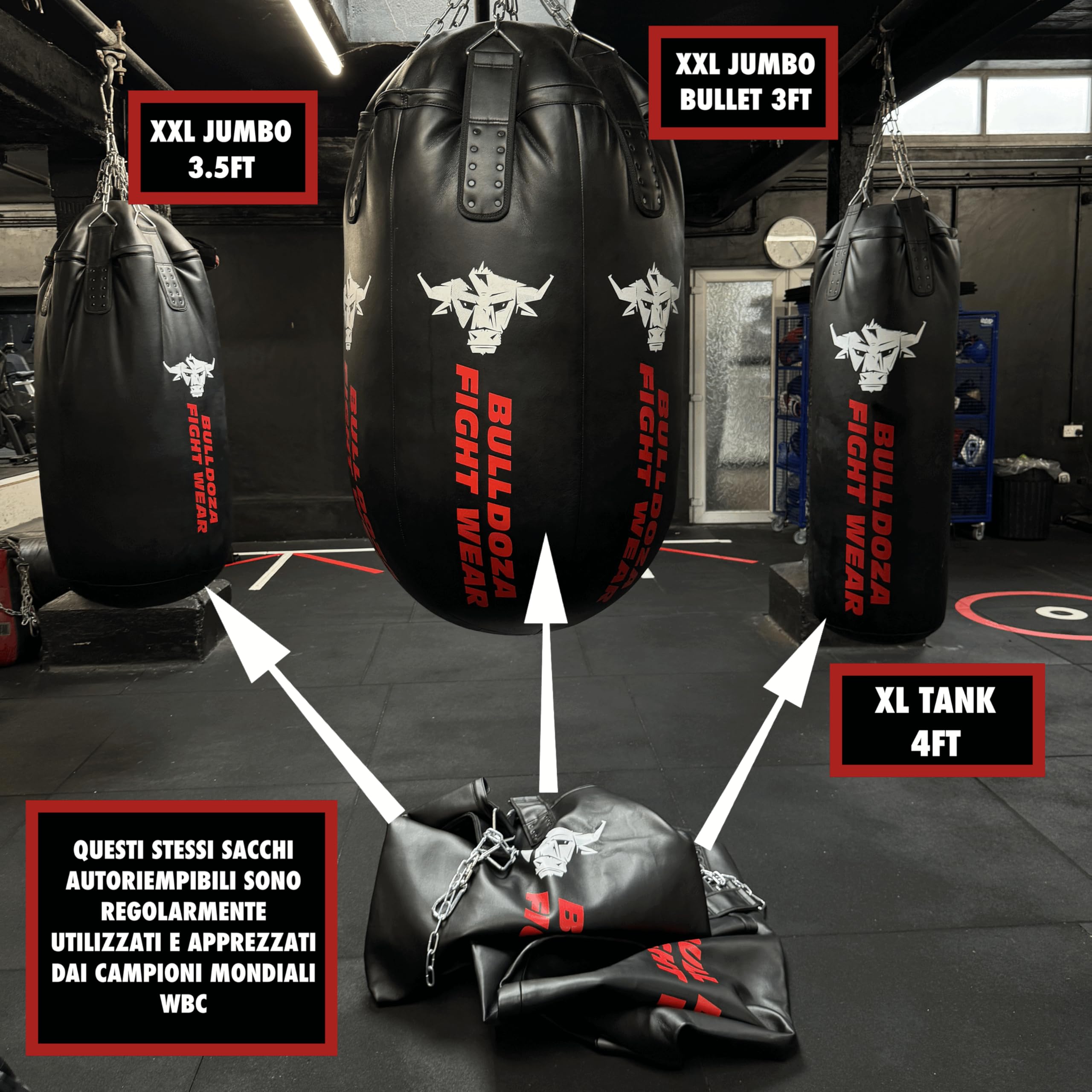 Sacco da boxe XL Tank Bull Doza Fight Wear, sacco da boxe con catene appese, girevole, moschettoni, sacco da boxe