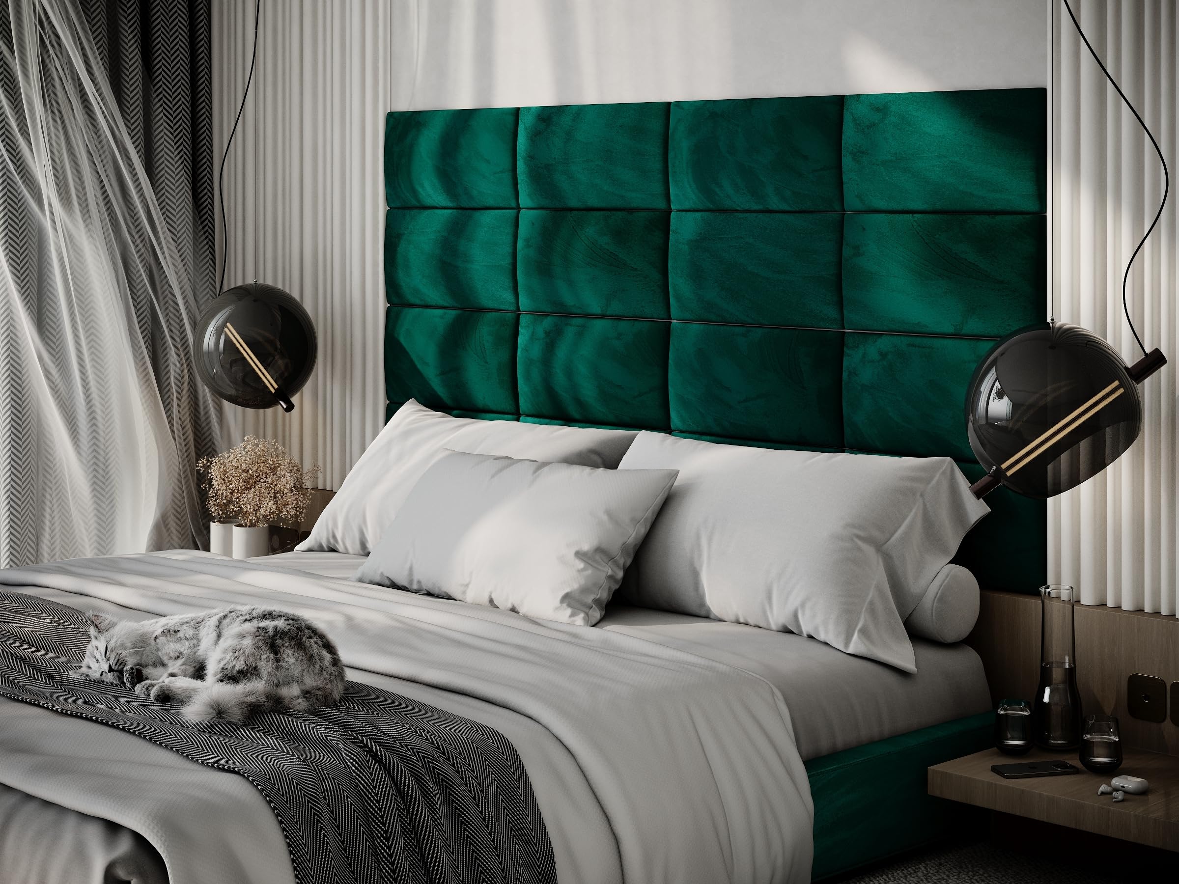 Upholstered Decorative Wall Panels Velvet Headboard Padding | Cushioned Planks | Padded Decor Collision Avoidance | Acoustic Soundproofing Treatment | (Green, 2x Rectangle (25x50cm))