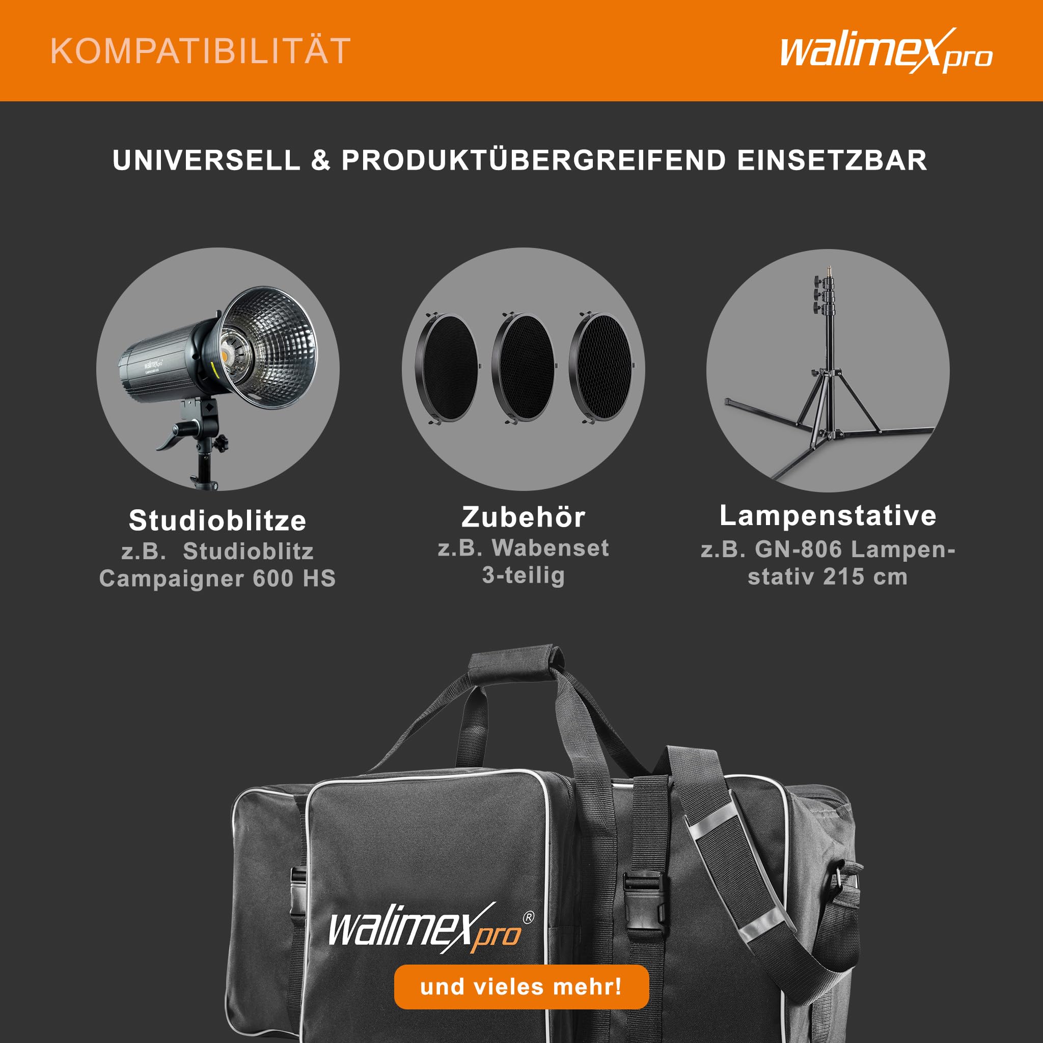 Walimex Pro Studiotasche XL für Studioblitz, Reflektoren und anderes Studiozubehör, Innenmaß 75x30x33cm), Braun