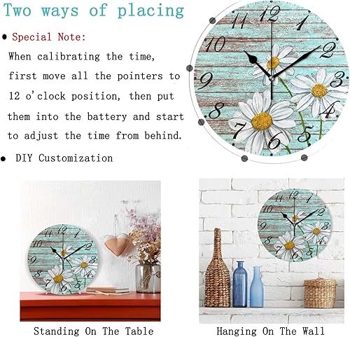Miniatura 2 de Pfrewn Reloj de pared de margaritas de girasol de madera, silencioso, sin tictac, retro, con pájaros, funciona con pilas, reloj de escritorio