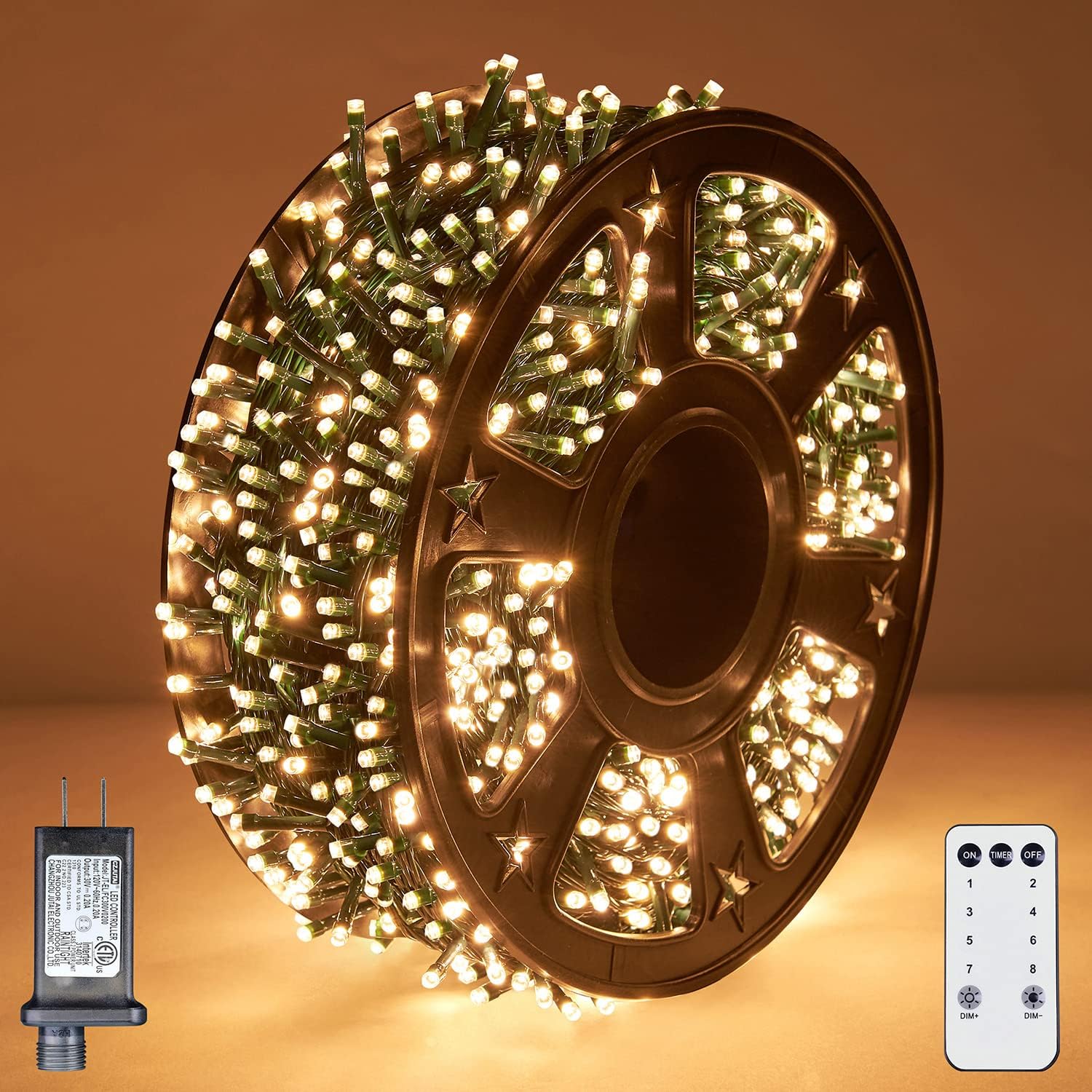 Luci natalizie per esterni, 90 m, 1000 luci LED con bobina, 8 modalità e telecomando con timer, certificazione UL, decorazioni per Natale, vacanze, feste, matrimoni, filo verde