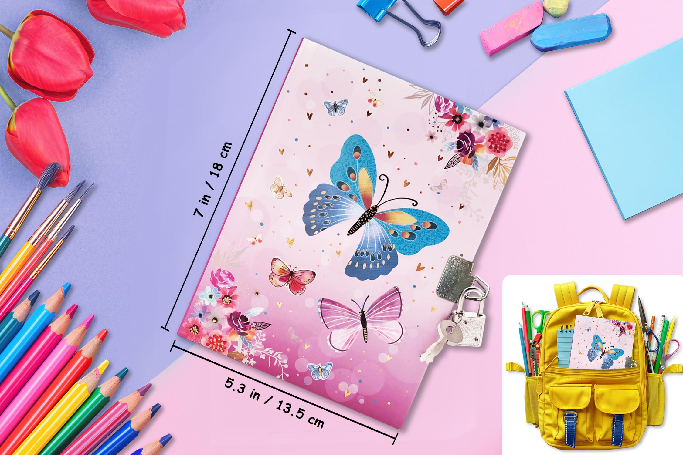 Farfalla Diario Segreto Bambina con lucchetto, 17,8x13,5cm 80 Fogli a Righe Taccuino Appunti Bambino Diario con Lucchetto Ragazza Quaderno Appunti Bambini per Compleanno Regalo Bambina 6-10 Anni
