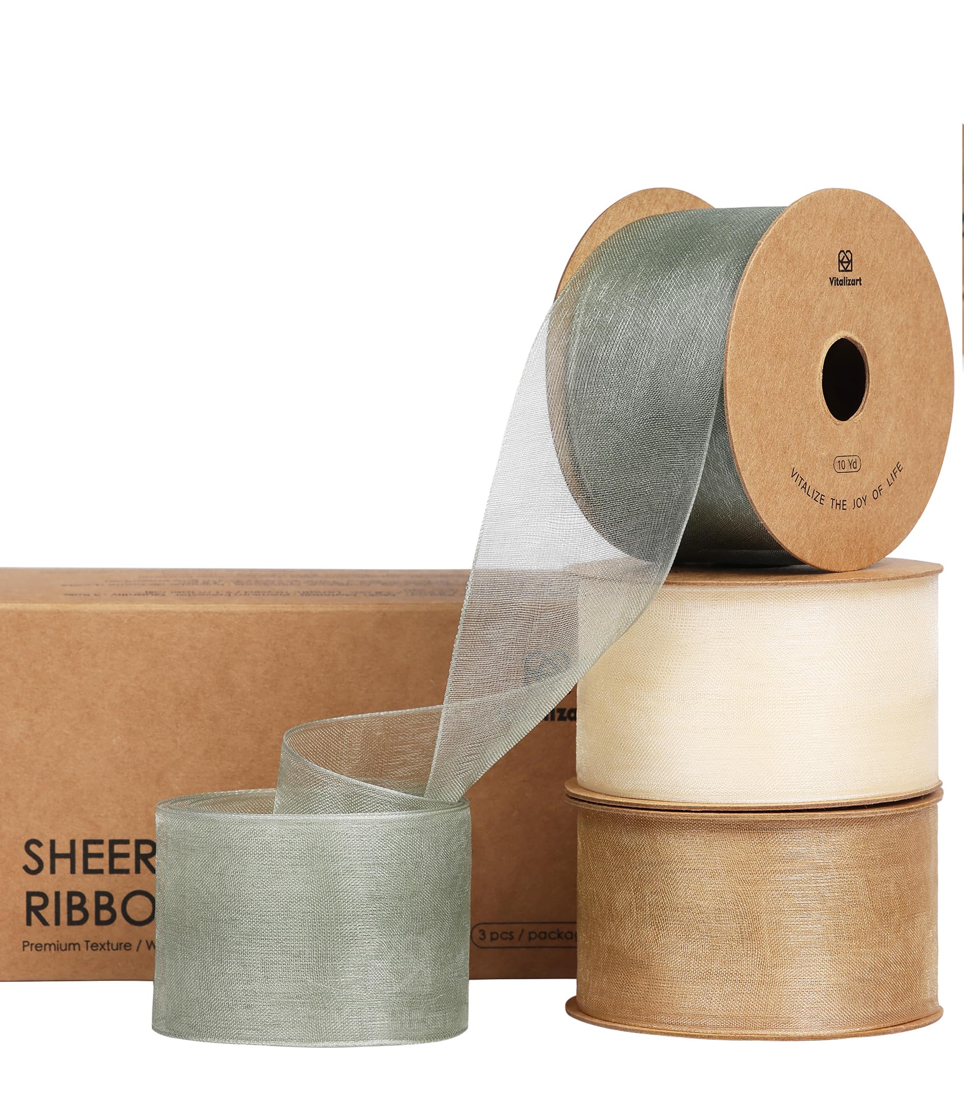 Vitalizart 1.5" x 30 Yd Organza Ribbon 3 Rolls x 10 Yd Green & Cream & Khaki, Fabric Sheer Ribbons for Gift Wrapping, Crafts, Wedding Invitations, Christmas Wreath Bows, Bouquet