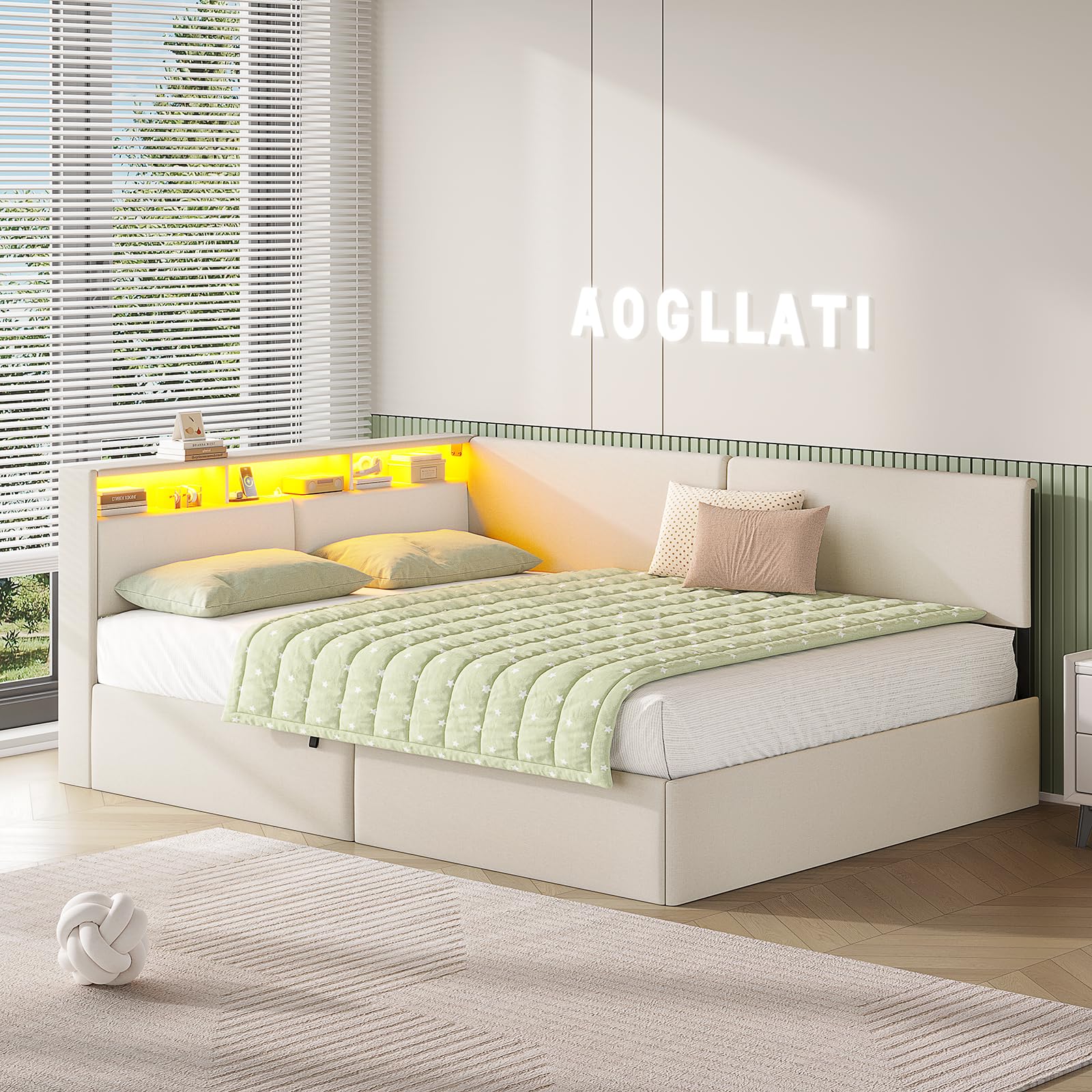 AOGLLATI Polsterbett Schlafsofa 140x200 mit USB-Steckdosen & hydraulischem Stauraum, Betten 140x200 mit LED-Kopfteil & Lattenrost, Kinderbett Tagesbett, Doppelbett, Leinen, Beige (ohne Matratze)