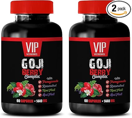 antioxidant supplement - GOJI BERRY COMPLEX - WITH POMEGRANATE, RESVERATROL, NONI, ACAI - Pomegranate vitamin e for skin - antioxidant nutritional supplements - antioxidants vitamins - 2 Bot 120 Caps
