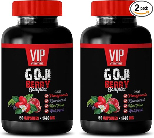 antioxidant supplement - GOJI BERRY COMPLEX - WITH POMEGRANATE, RESVERATROL, NONI, ACAI - Pomegranate vitamin e for skin - antioxidant nutritional supplements - antioxidants vitamins - 2 Bot 120 Caps
