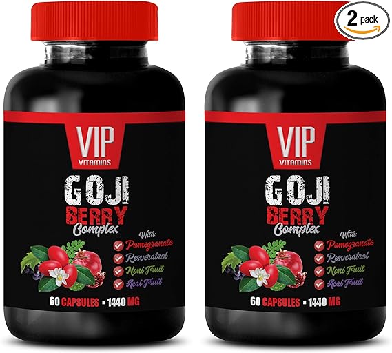 antioxidant supplement - GOJI BERRY COMPLEX - WITH POMEGRANATE, RESVERATROL, NONI, ACAI - Pomegranate vitamin e for skin - antioxidant nutritional supplements - antioxidants vitamins - 2 Bot 120 Caps