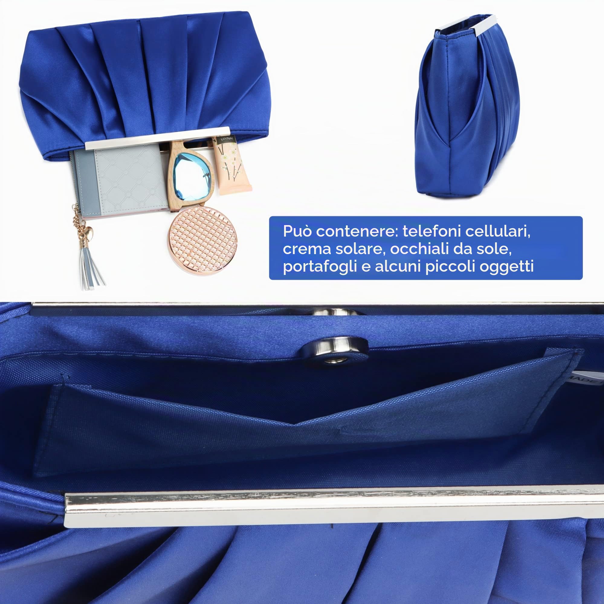 Pochette da Sera in Raso Plissettato Borsa da Sera da Sposa per Donna con Catena e Chiusura Magnetica