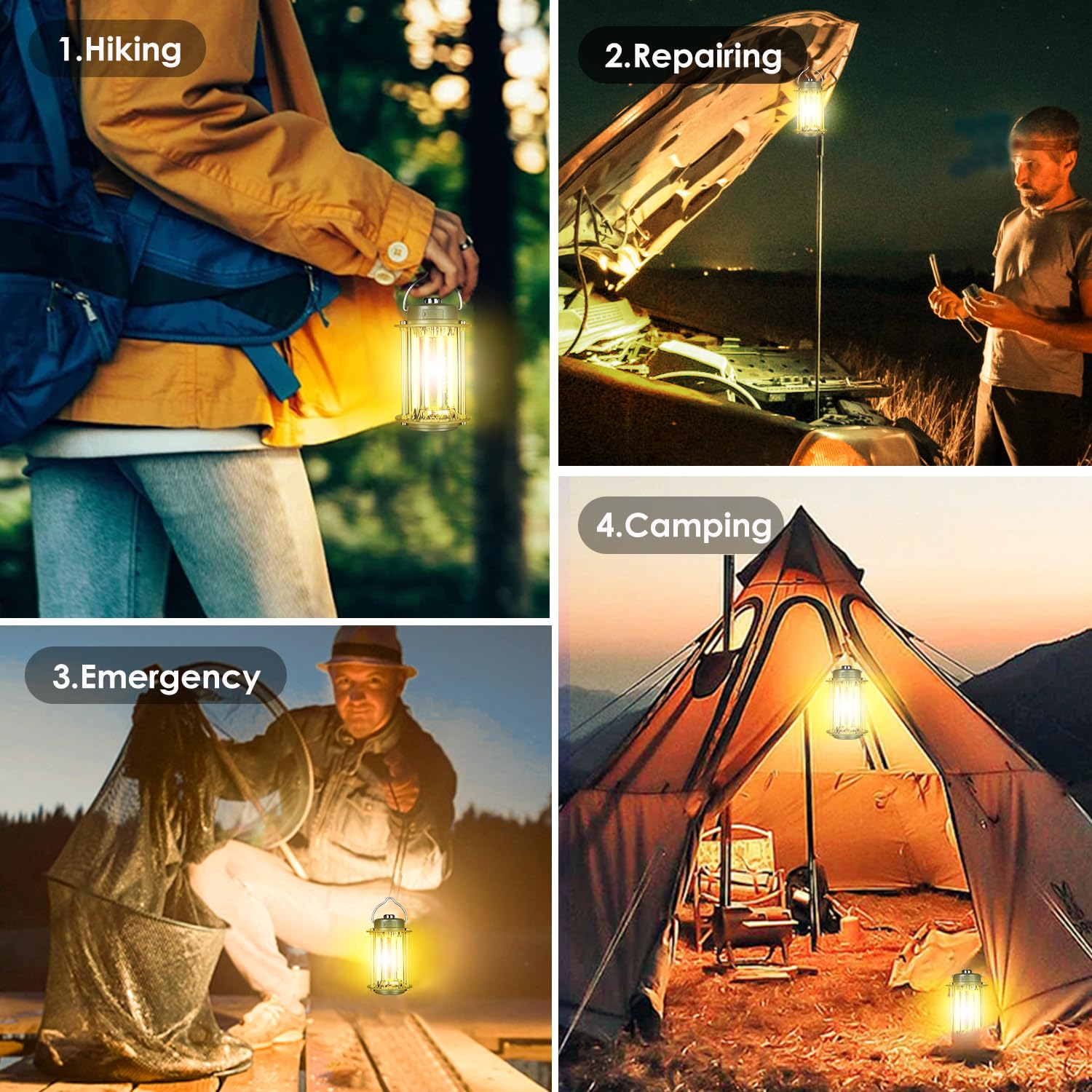 Lanterna da campeggio ricaricabile, 3 modalità dimmerabili, 3200 mA lanterna uragano batteria ad alta capacità, impermeabile IPX4, luci da campo di emergenza portatili per uragano sopravvivenza