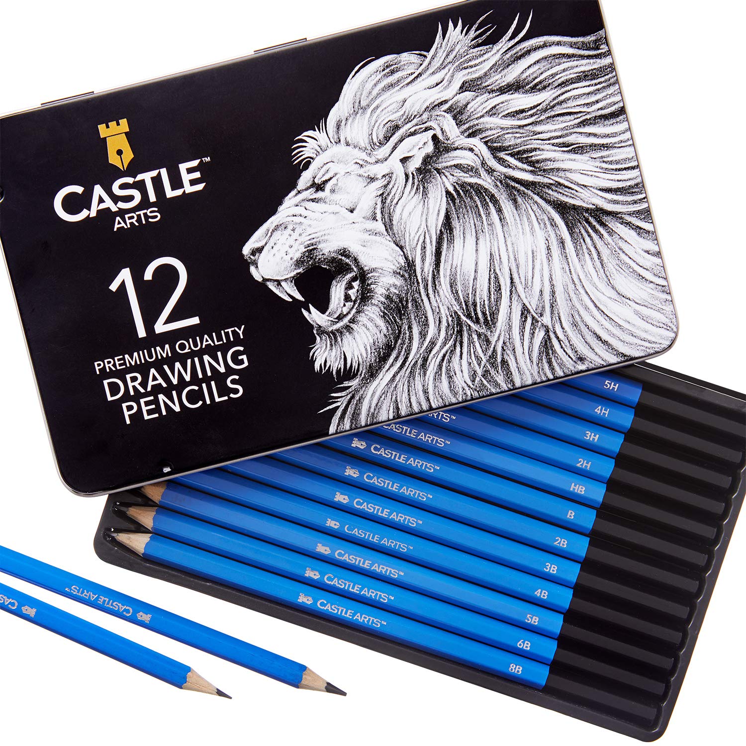 Castle Art Supplies 12 Piece Drawing Pencils, Quality Graphite Sketch Pencils with Bonus tin case. Perfect Starter Sketching Pencils or Top Up Set for Art Supplies
