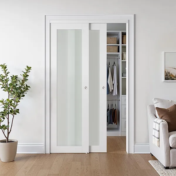 COSHOMER Sliding Closet Door for 48" x 80" Opening, 1-Lite Frosted Glass Closet Door with Hardware Kit Included, Preassembled MDF Barn Door, White