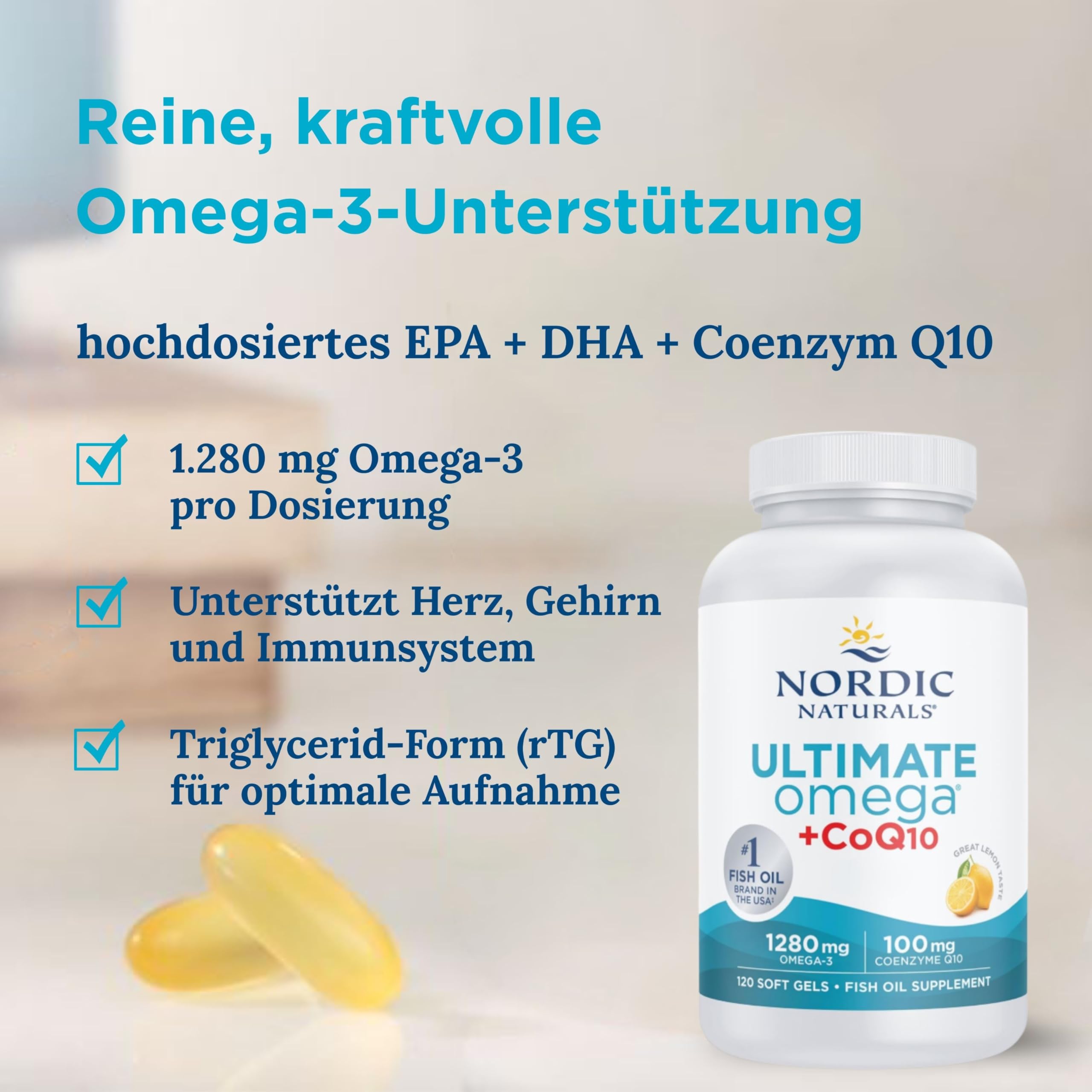 Nordic Naturals Ultimate Omega-3 + CoQ10 Nahrungsergänzung, 1280 mg Omega-3 Fischöl mit EPA, DHA und Coenzym Q10, hochdosiert, natürlich, Zitronengeschmack, 120 Softgels, sojafrei, glutenfrei