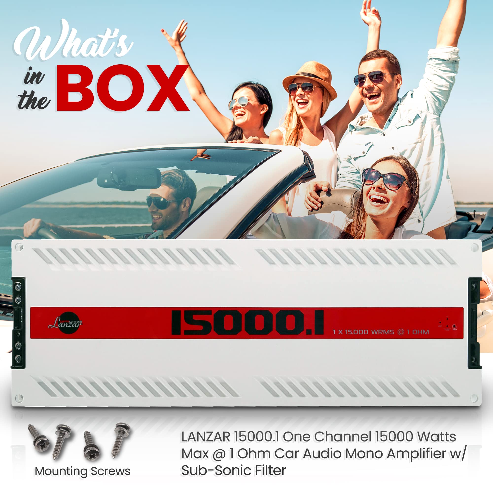 One Channel Car Audio Mono Amplifier, 1500 Watt Max @ 1 Ohm High-Powered Mono Car Amplifier with Subsonic Filter, Cooling Fans, White