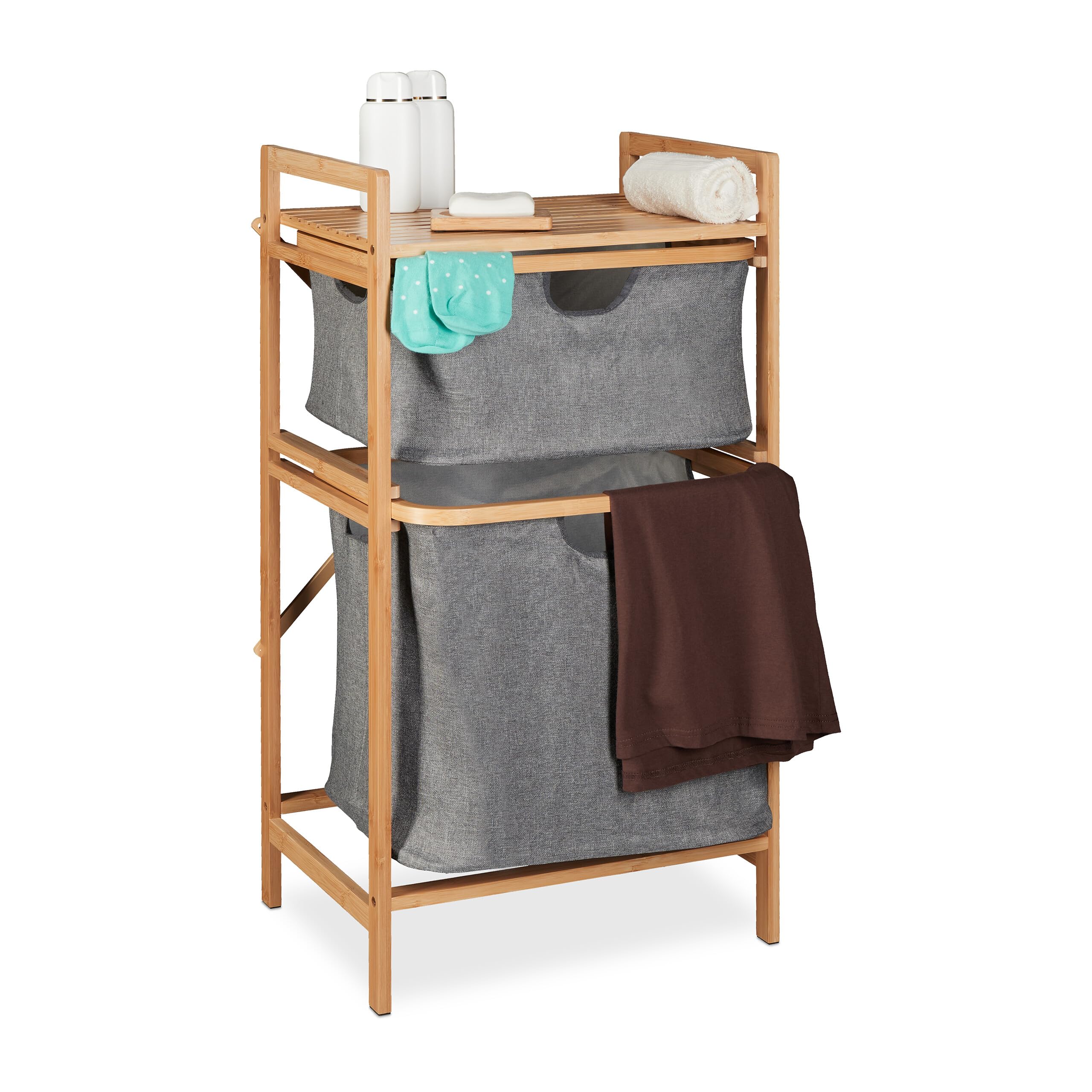 Relaxdays Cesto para Ropa Sucia, Sacos Extraíbles, 2 Compartimentos y Estante, Canasto de Bambú y Tela, Natural/Gris