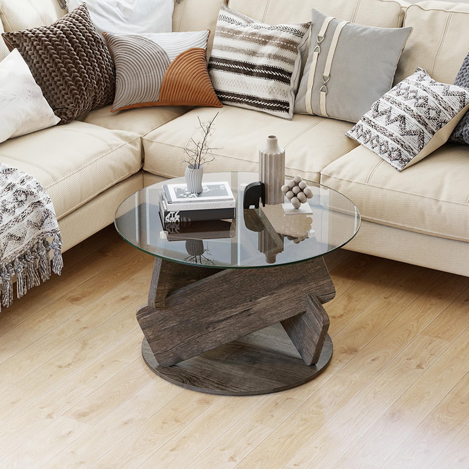 LIFEZEAL Mesa de Centro Redonda con Tapa de Vidrio Templado Transparente，Mesa Auxiliar Moderna Decorativa con Patas de Madera Sólida, Mesita Auxiliar Rústica para Espacios Pequeños (Gris)