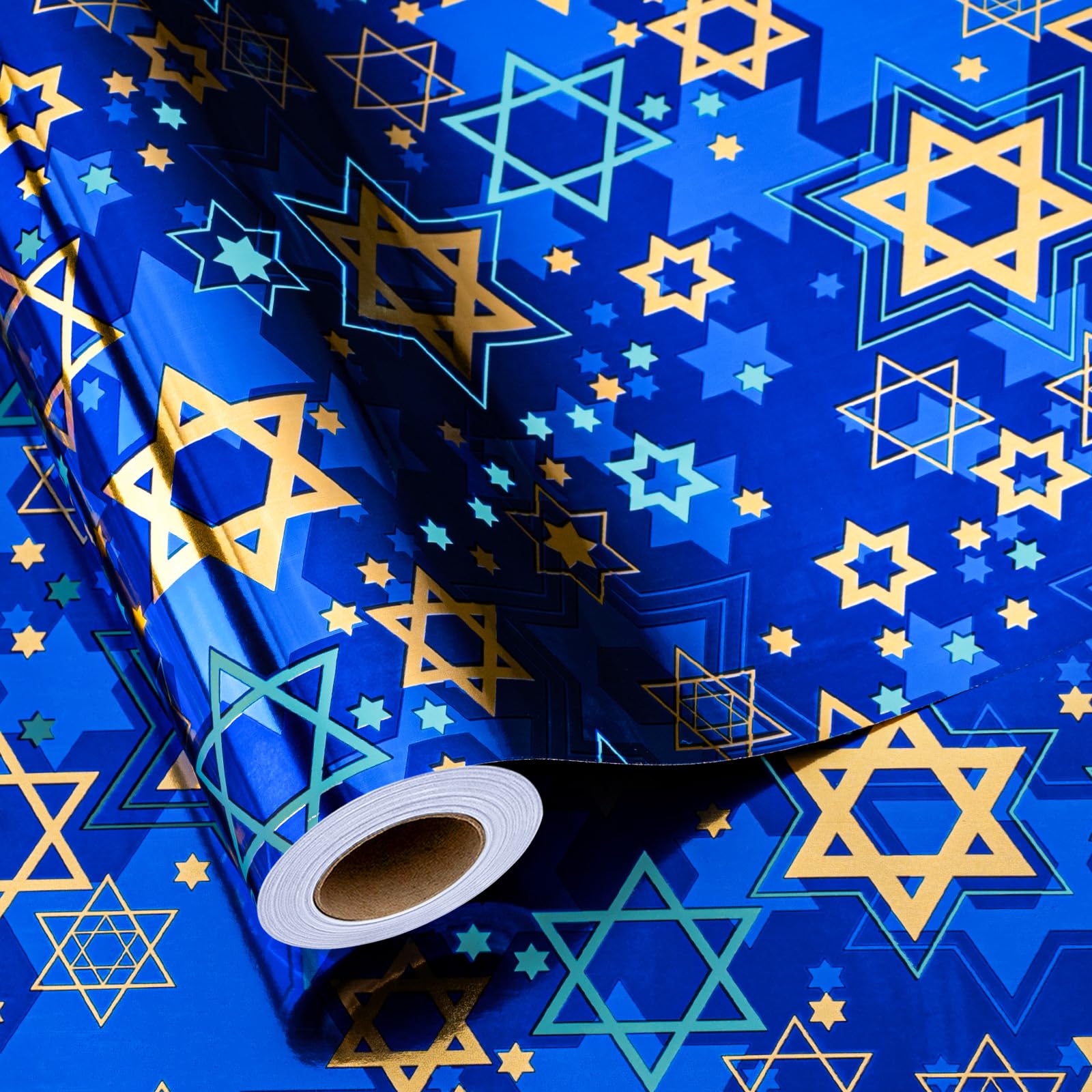 MAYPLUSS Hanukkah Wrapping Paper Roll - 17In * 32.8 Ft - Navy Blue Star of David Gift Wrap Present Paper with Metallic Foil Design for Chanukah Jewish Festival, Christmas, Party, Holiday & DIY Craft โ image 1