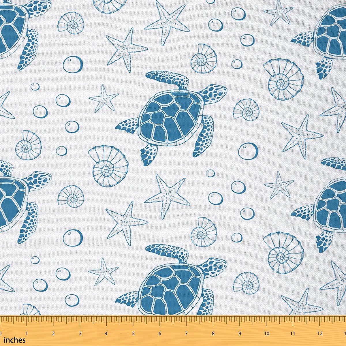 Turtle Pattern Waterproof Fabric by The Yard Starfish Conch Coastal Ocean Animal Decor Fabric for Upholstery and Home DIY Projects Retro Blue Geometry Sea Creature Outdoor Upholstery Fabric,1 Yard