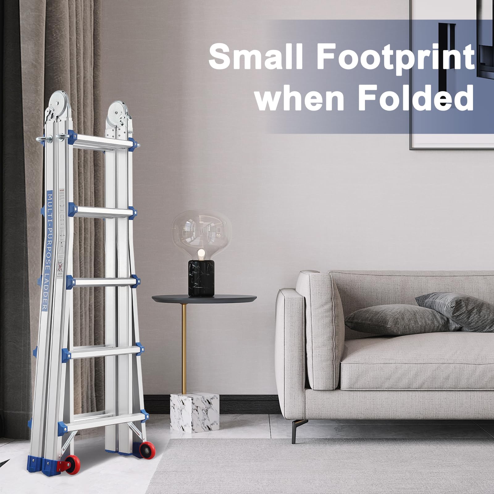 TEENO Escalera de Aluminio Multifunción 5.1 M| 5x5 Peldaños| Escalera Telescópica 5 en 1 con Desmontable Ruedas y Base Triangular Reforzada| Carga Máxima 150 kg