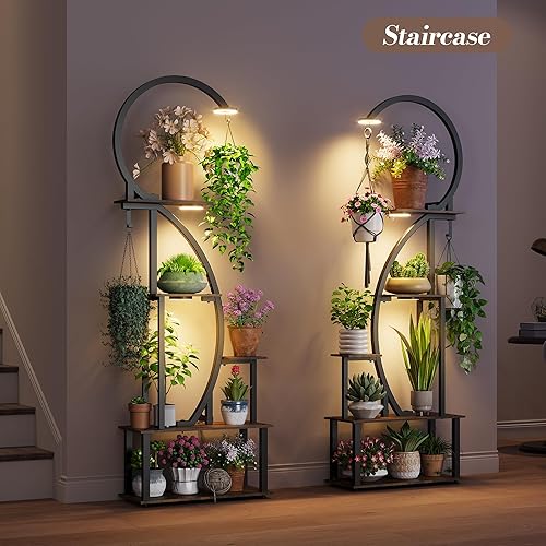 Miniatura 7 de Soporte para Plantas de Interior con Luces de Crecimiento, Estante de Metal en Forma de Medio Corazón con Múltiples Tablas de Madera y Ganchos para