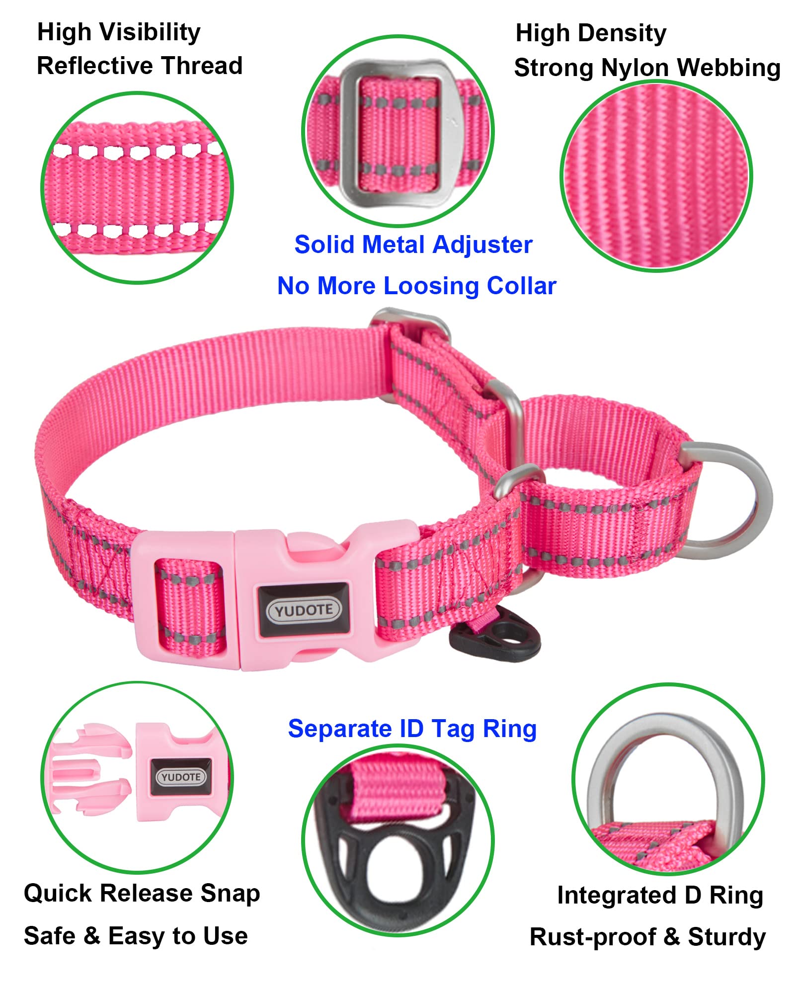 YUDOTE Reflective Martingale Collar for Dogs with Quick Snap Buckle Anti-Pull Nylon Safe Slip Collars for Easy Walking,Hot Pink,Small
