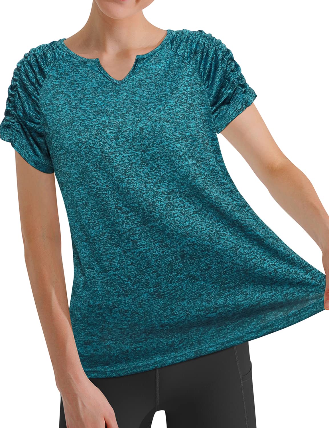 Women's Yoga Top Short Sleeve V-Neck Pleated Shirt Loose fit Athletic Moisture Wicking Casual Tunic Summer Top