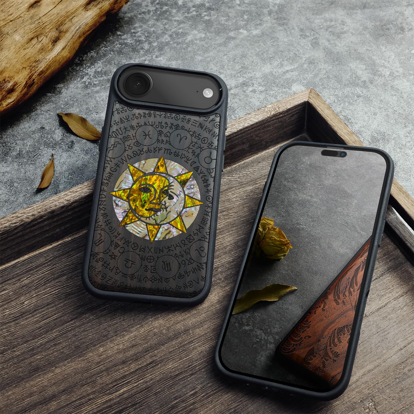 Carveit Funda Magnética para iPhone Air Compatible MagSafe [Madera y incrustación de mejillones] Protectora Antigolpes para iPhone 17 Air Carcasa (Madera Oscura-Dios del Sol y la Luna)