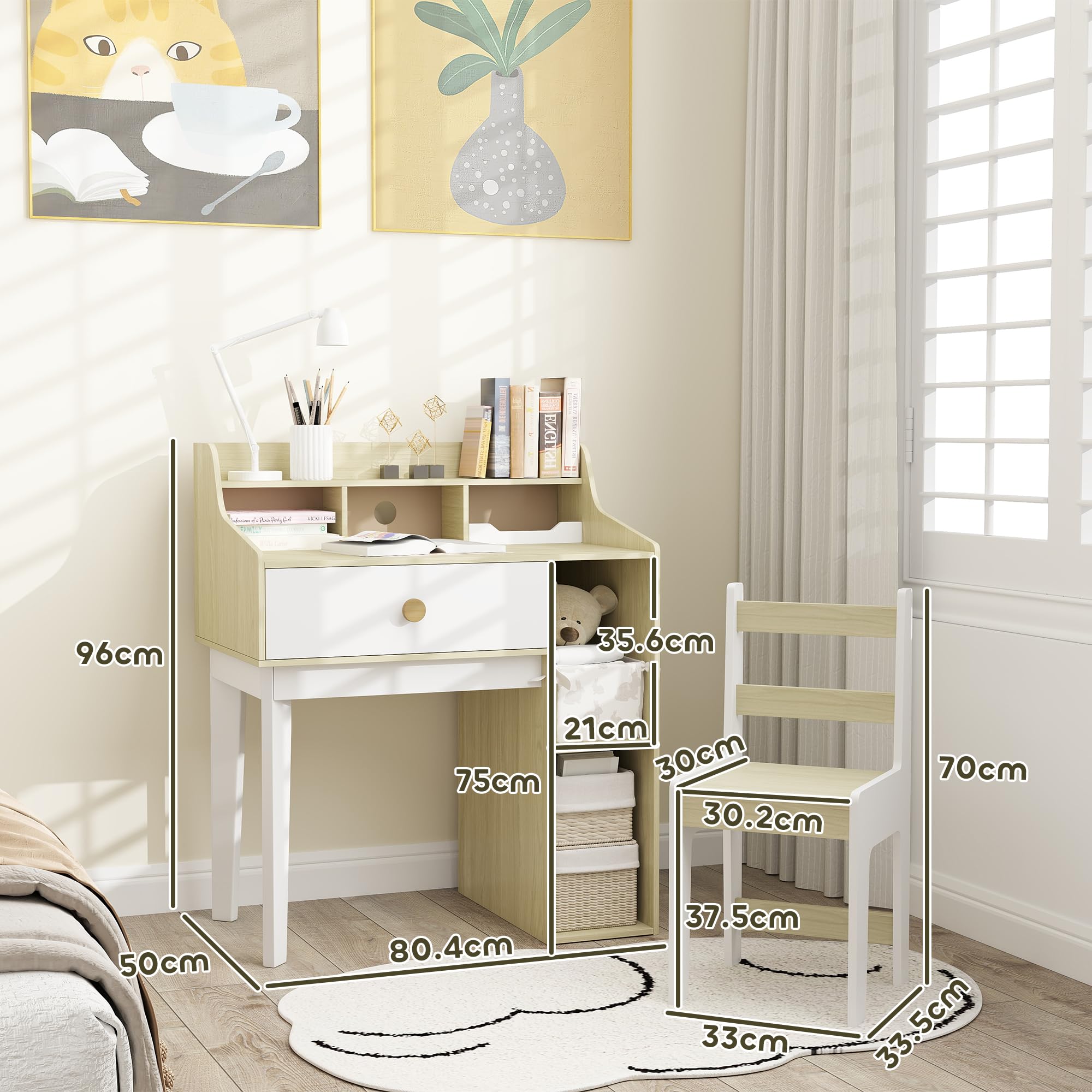 AIYAPLAY Set Scrivania per Bambini di 3-10 Anni e Sedia in MDF, Banco Scuola per Bambini con Ripiani Portaoggetti e Cassetto, Bianco e Legno
