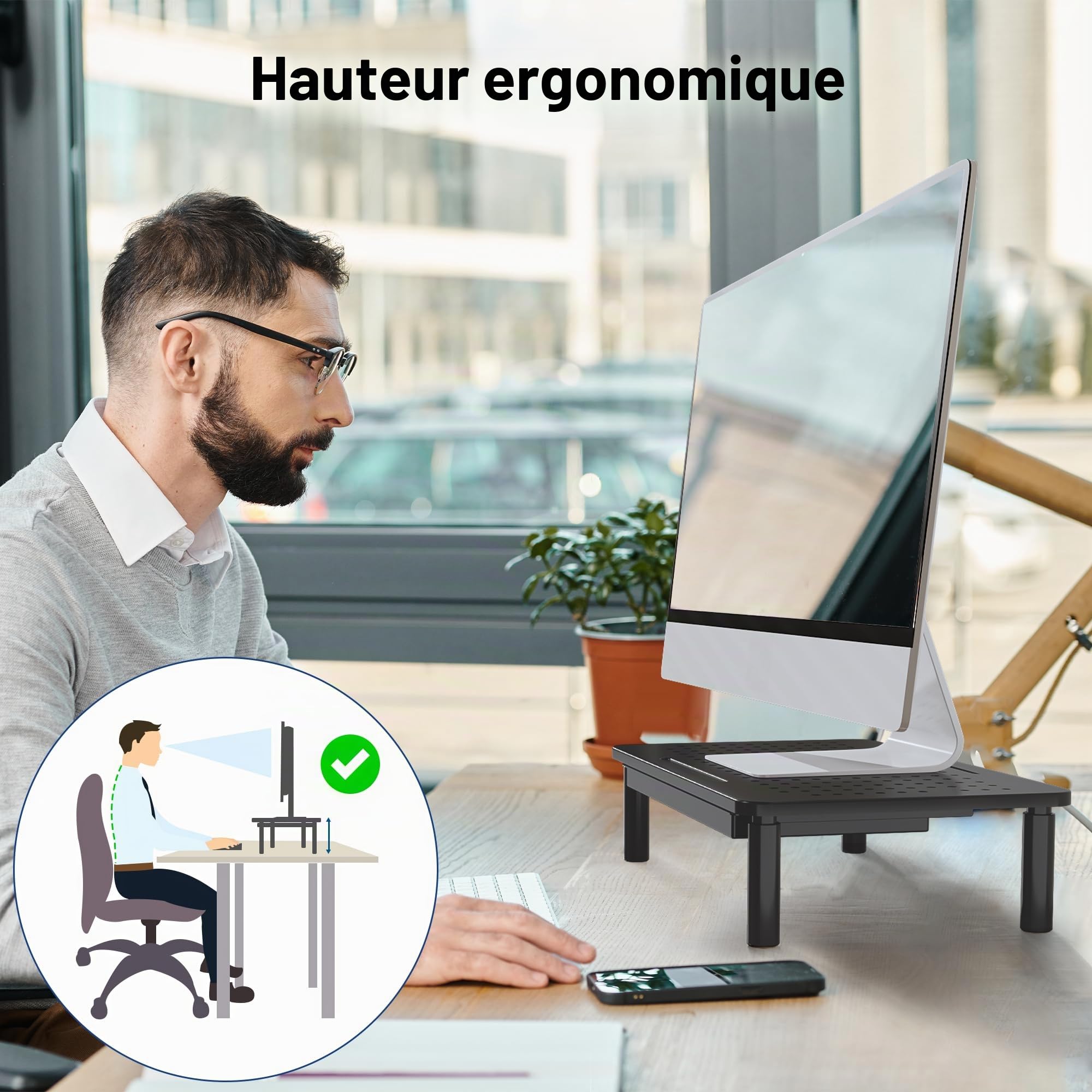 BONTEC Support Moniteur avec Tiroir, 3 Hauteurs Réglables pour Moniteur PC, Rehausseur Ecran pour Bureau avec Plate-Forme en Maille pour, Ordinateur Portable, PC, Imprimante jusqu'à 20 kg