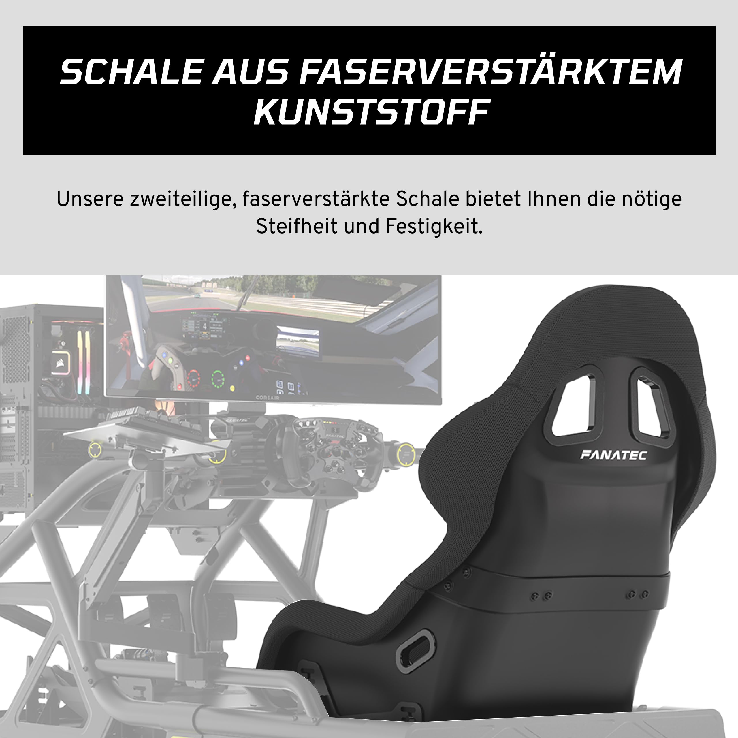 FANATEC ClubSport GT Sim Racing Cockpit – Schale Faserverstärktem, Atmungsaktivem Stoff, Lendenstütze, Schwarz
