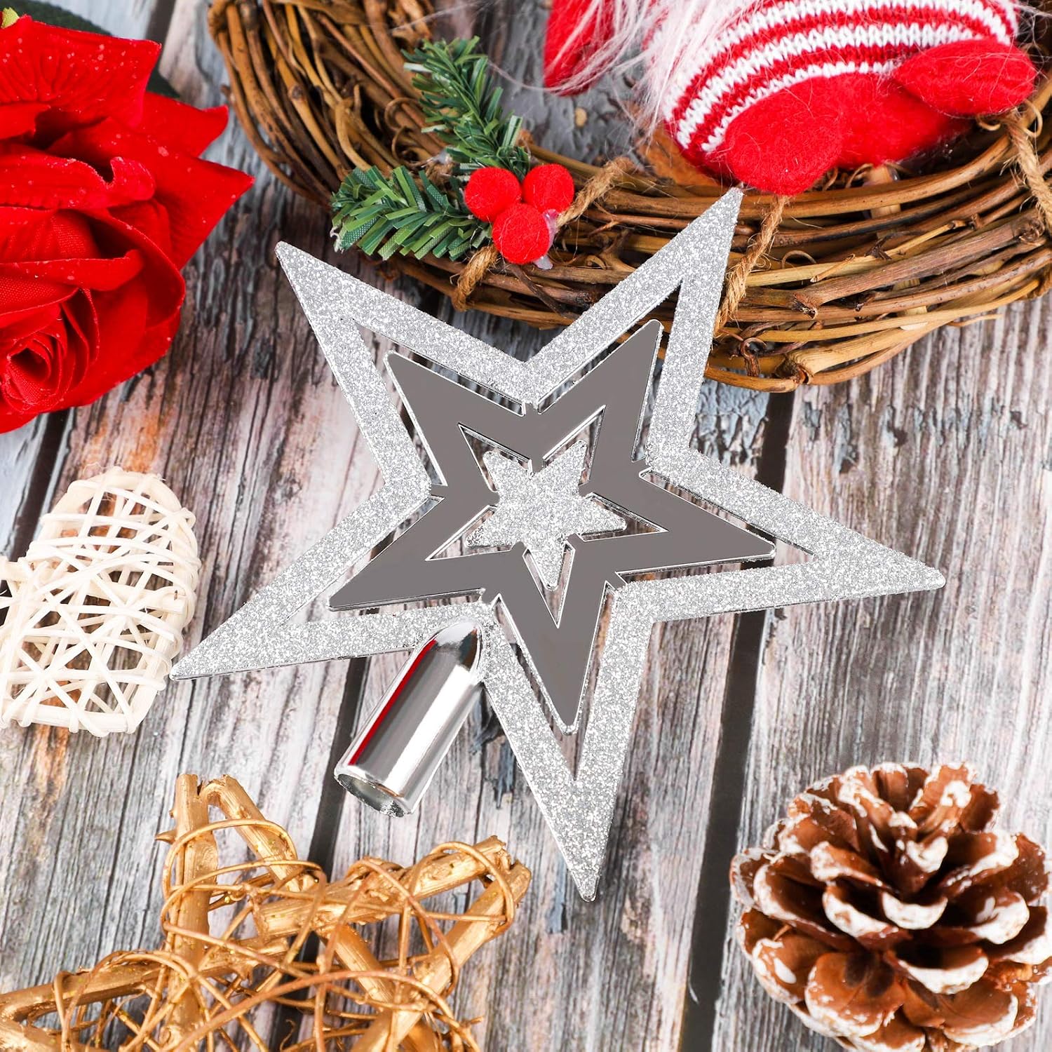 URATOT Glittered Christmas Star Tree Topper Sparkled Plastic 5 Point Star Christmas Treetop for Holiday Christmas Tree Ornament